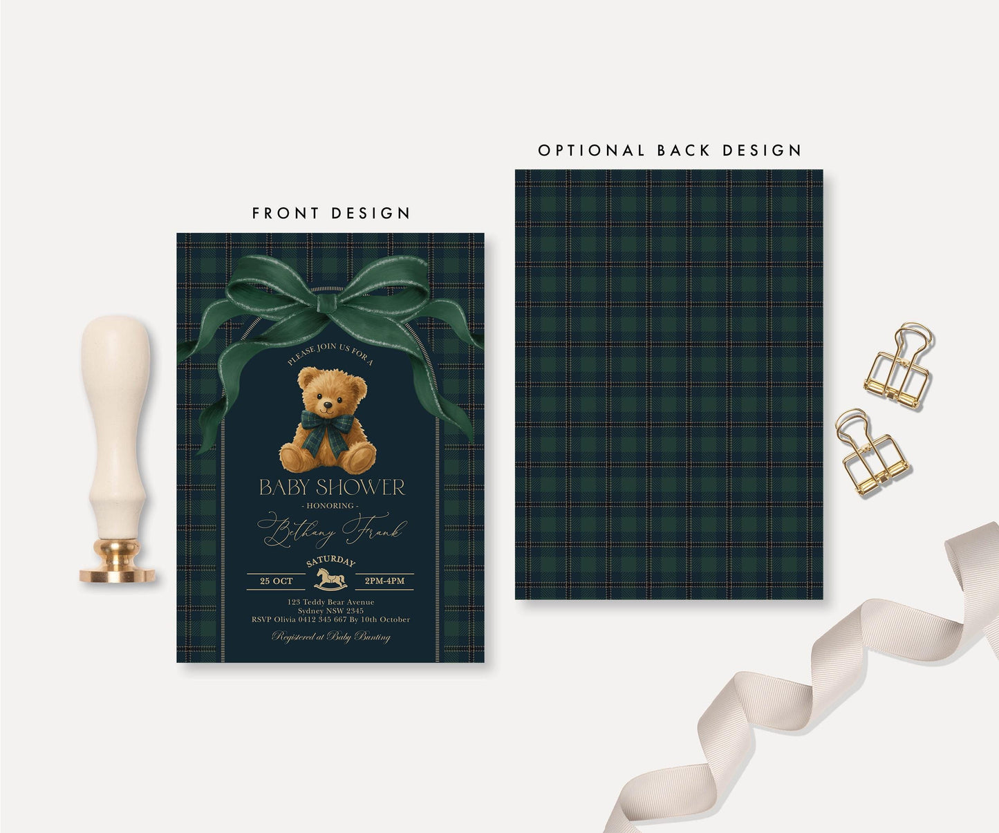 Navy & Forest Green Plaid Teddy Bear Baby Shower Invitation | Editable Corjl | Blue Bunny Printables