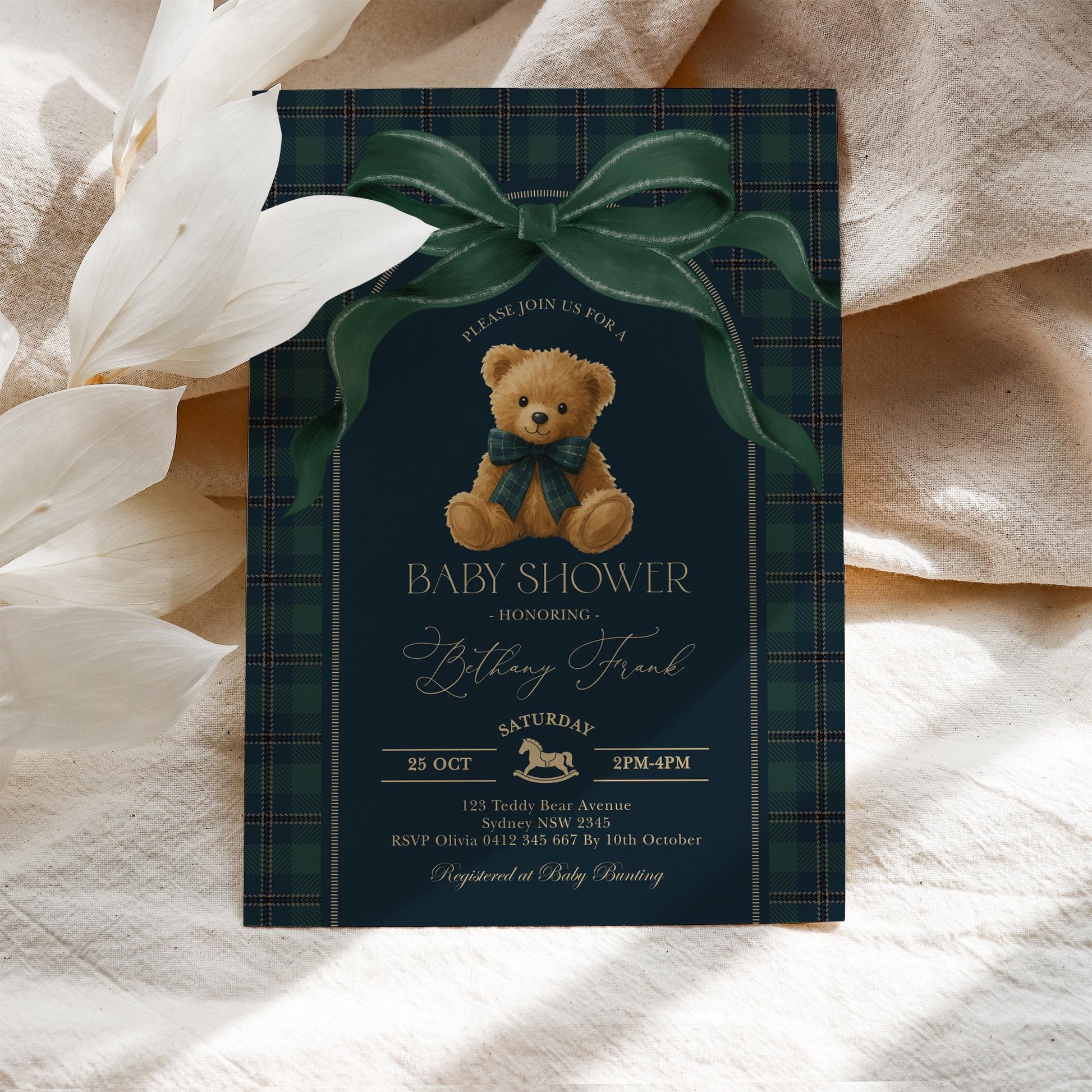 Navy & Forest Green Plaid Teddy Bear Baby Shower Invitation | Editable Corjl | Blue Bunny Printables