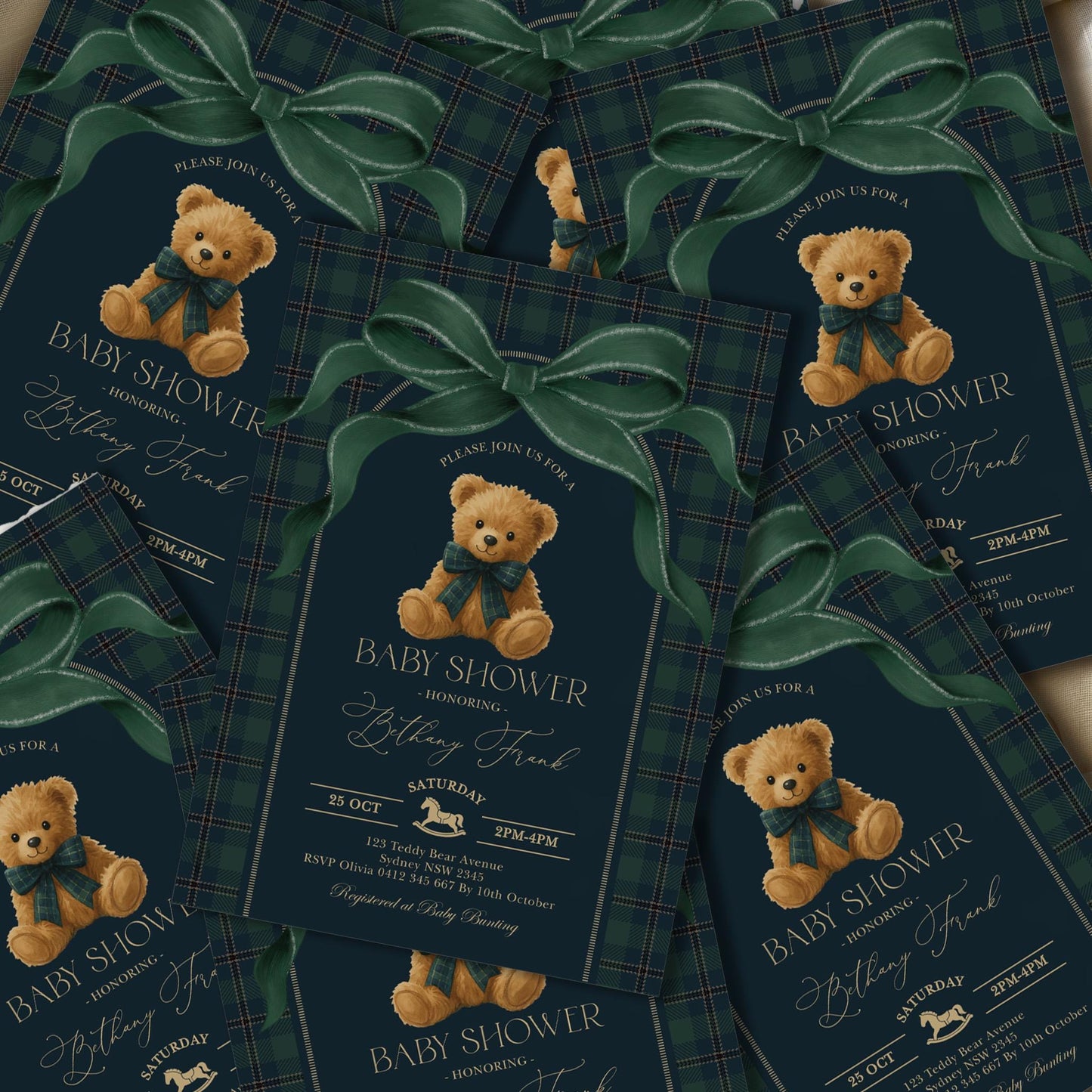 Navy & Forest Green Plaid Teddy Bear Baby Shower Invitation | Editable Corjl | Blue Bunny Printables