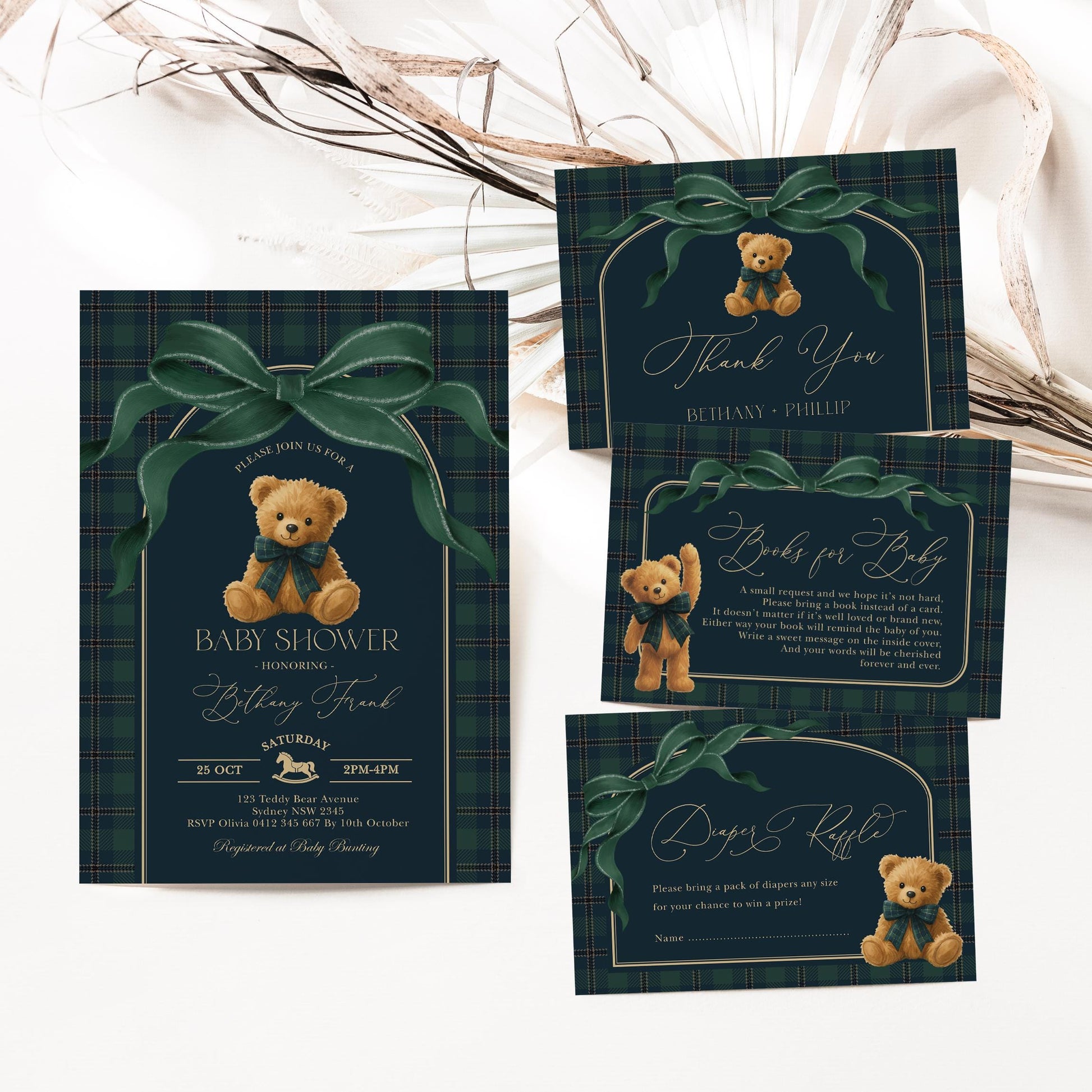 Navy Plaid Teddy Bear Baby Shower Invitation Bundle | Editable Corjl | Blue Bunny Printables