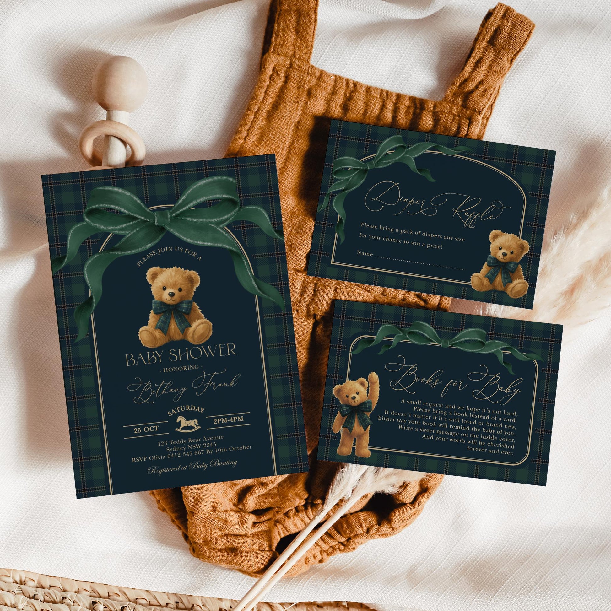 Navy Plaid Teddy Bear Baby Shower Invitation Bundle | Editable Corjl | Blue Bunny Printables