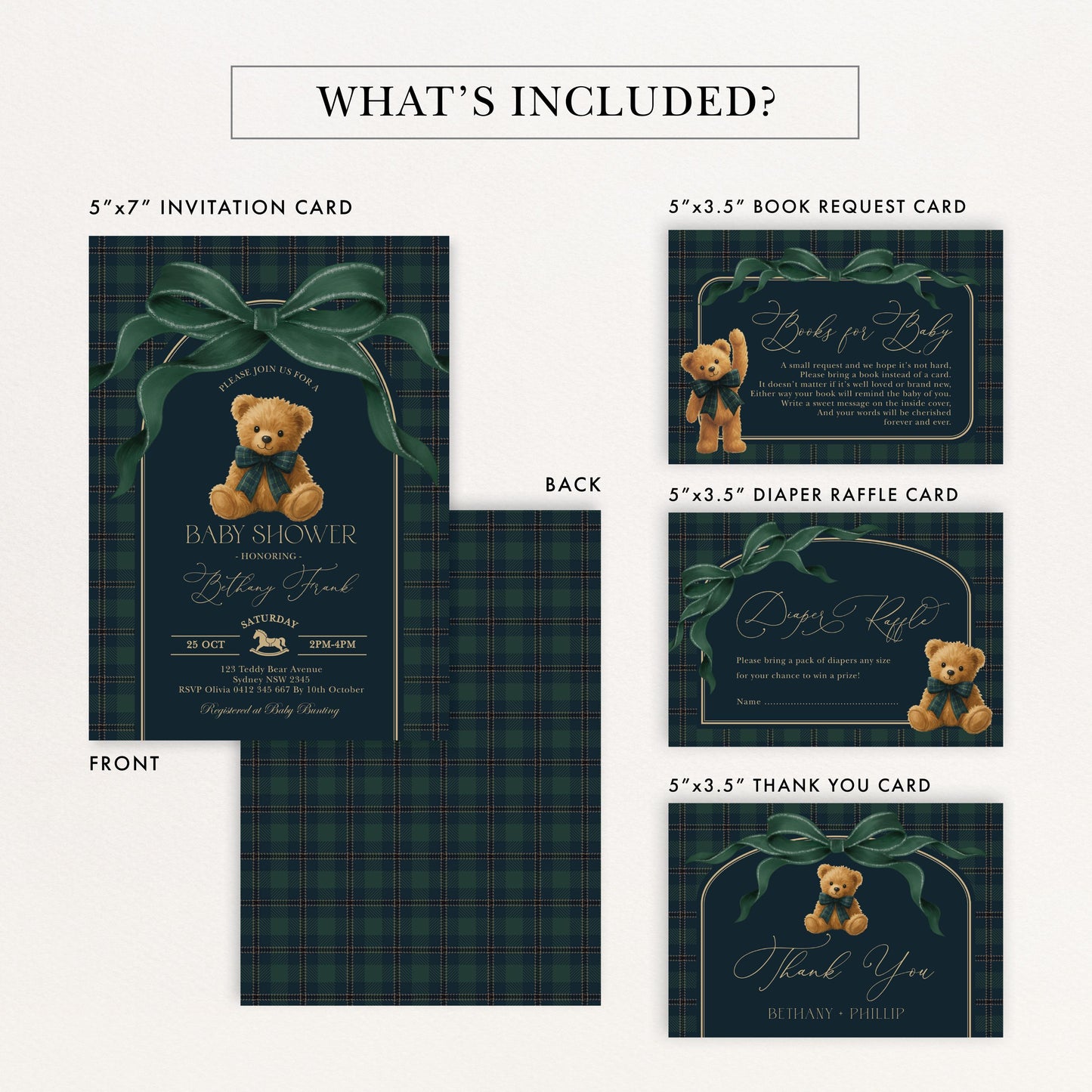 Navy Plaid Teddy Bear Baby Shower Invitation Bundle | Editable Corjl | Blue Bunny Printables