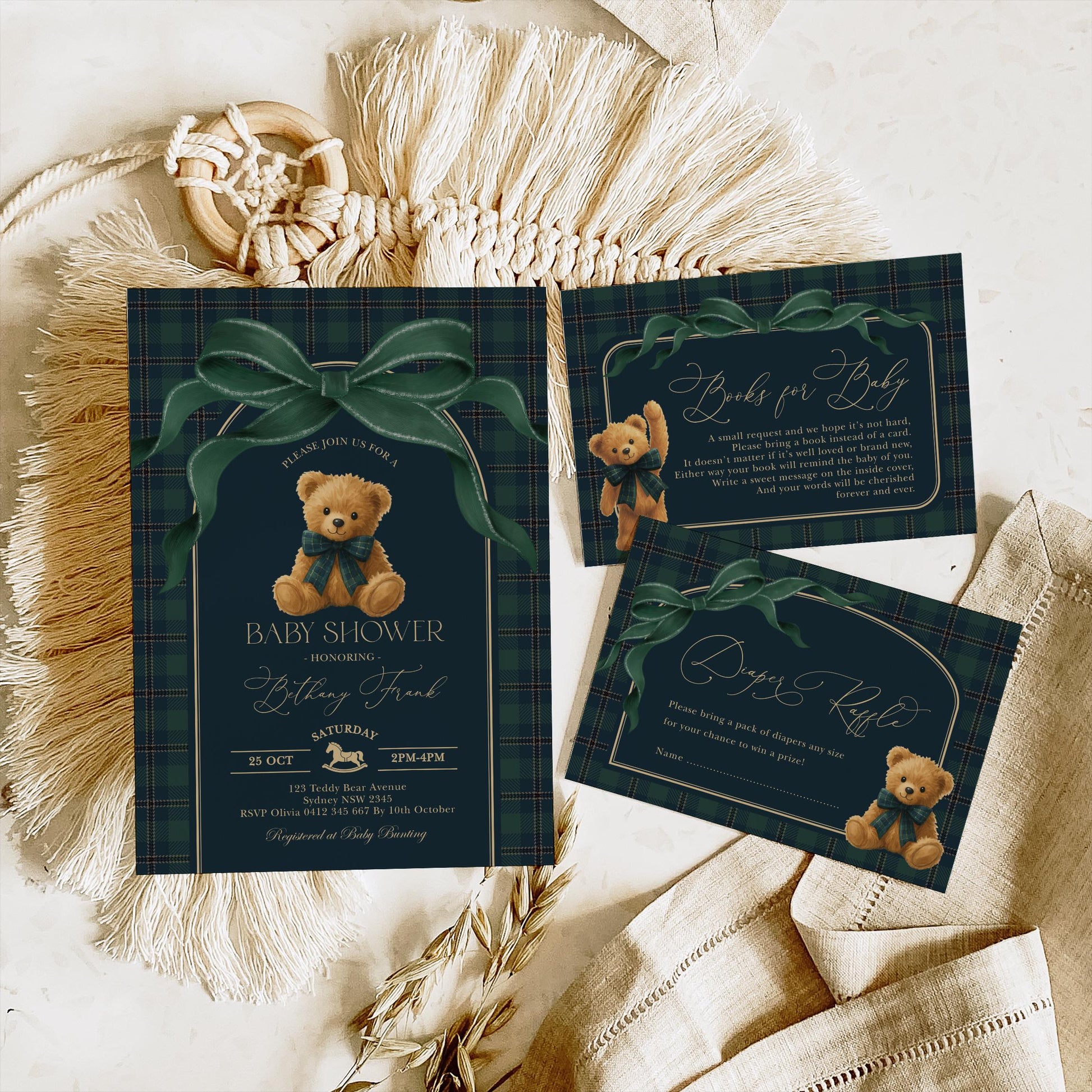 Navy Plaid Teddy Bear Baby Shower Invitation Bundle | Editable Corjl | Blue Bunny Printables