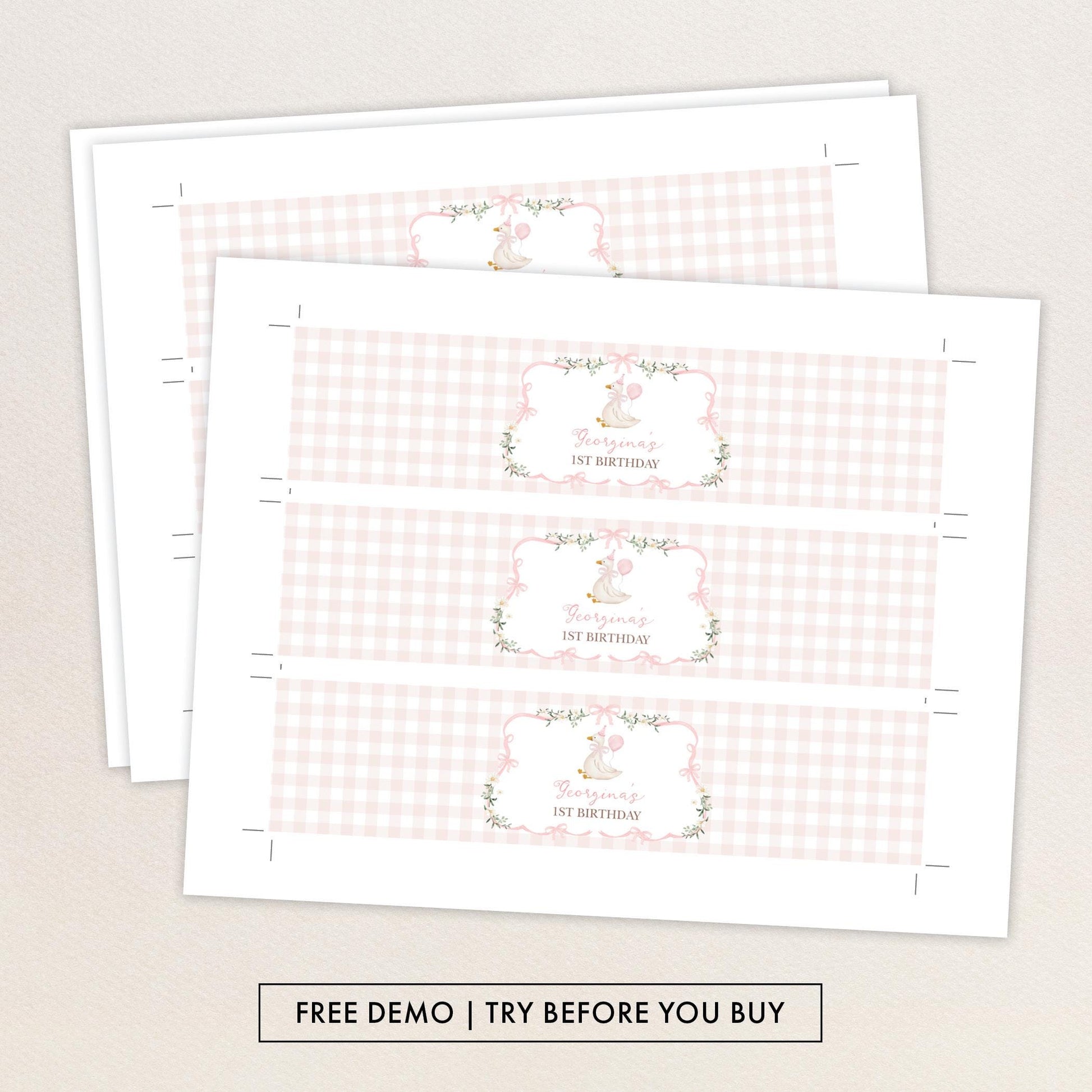 Silly Goose Girl Birthday Water Bottle Label | Pink Gingham Bow | Editable Corjl