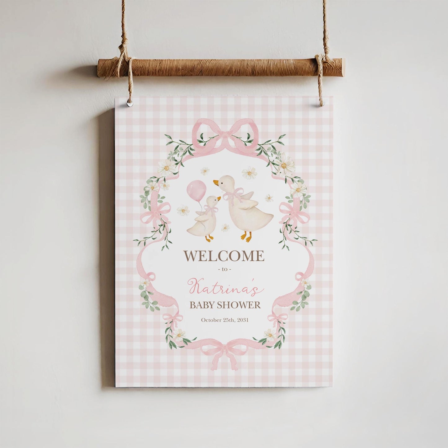 Silly Goose Baby Shower Welcome Sign | Editable Corjl Template | Preppy Pink Gingham
