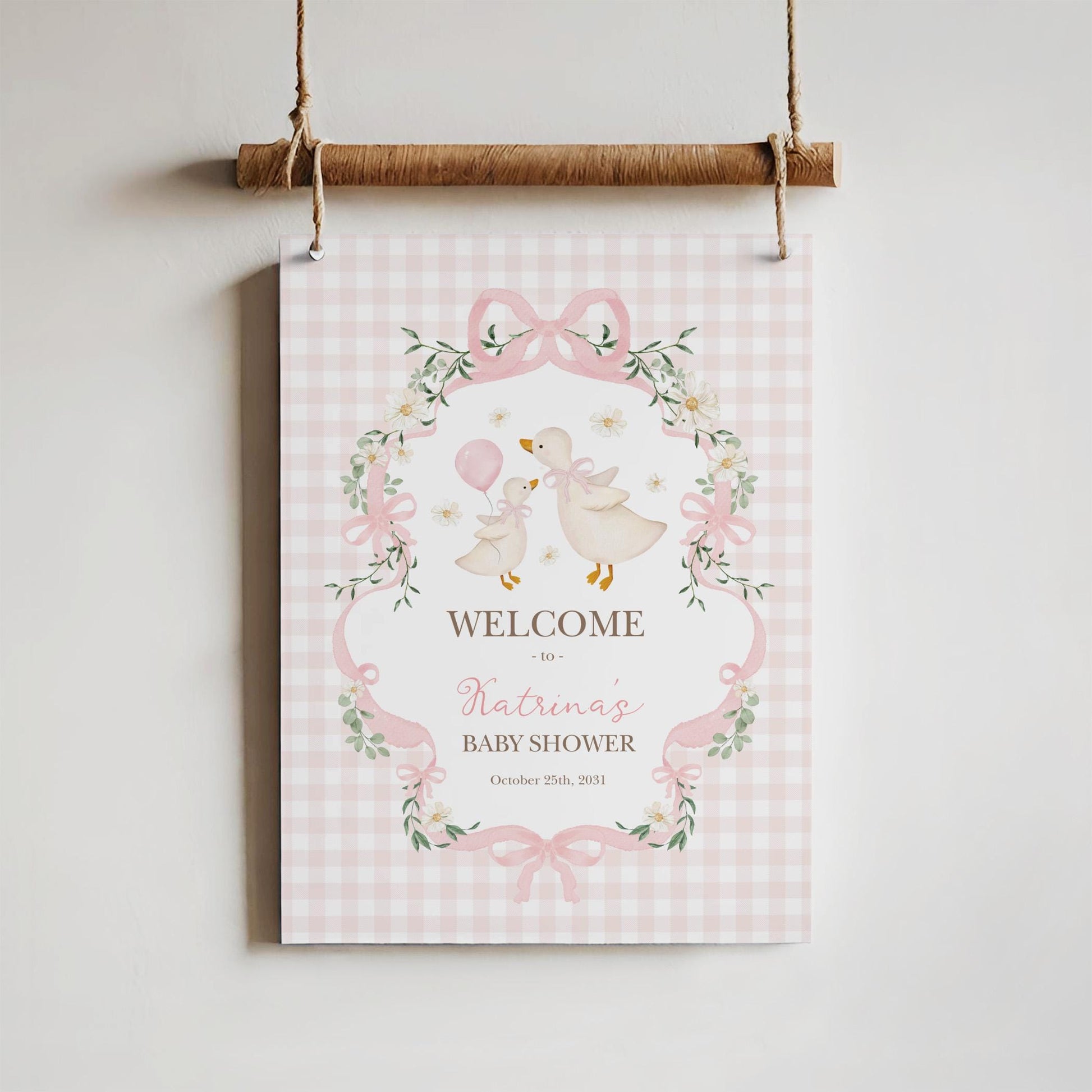Silly Goose Baby Shower Welcome Sign | Editable Corjl Template | Preppy Pink Gingham