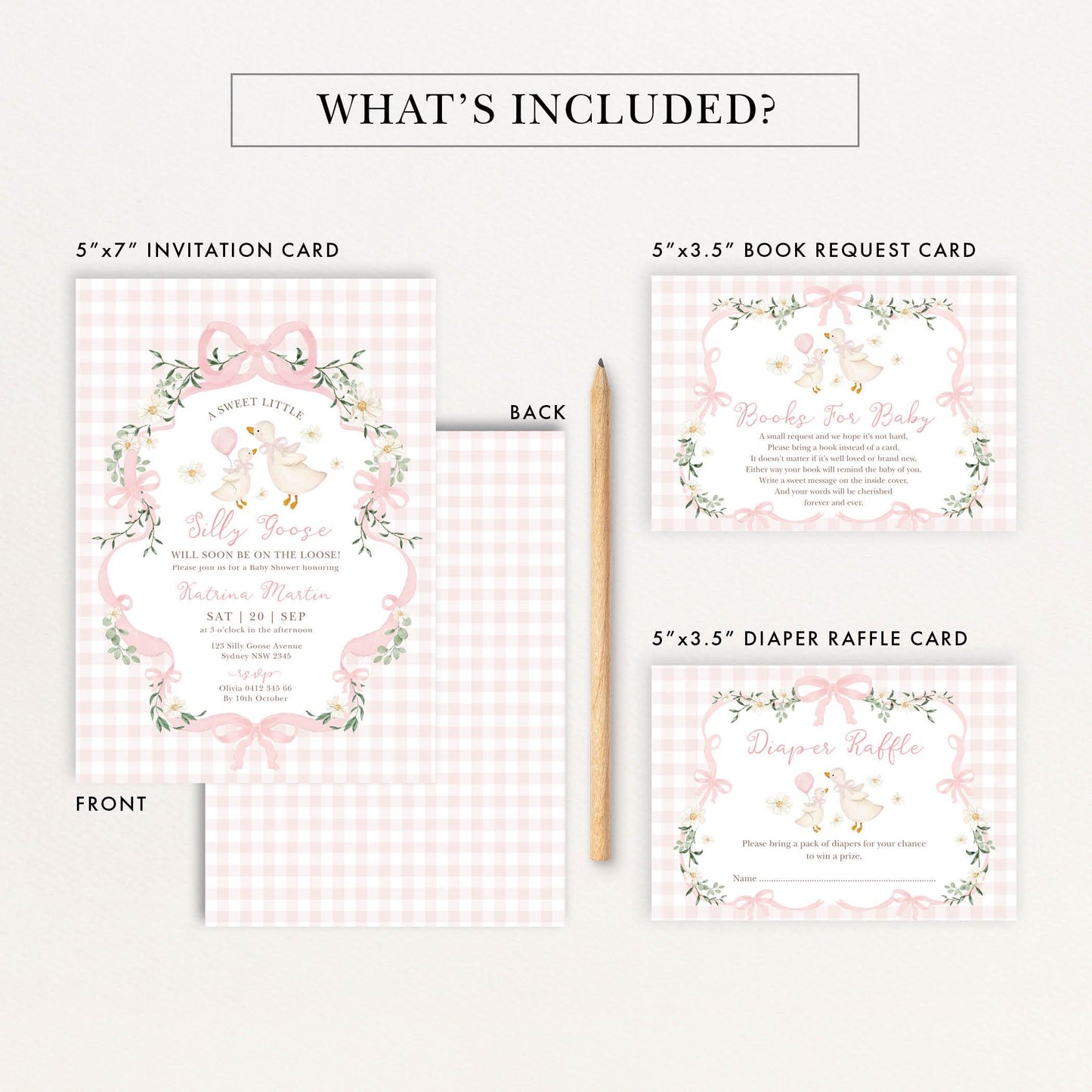 Silly Goose Girl Baby Shower Invitation Bundle | Editable Corjl | Coquette Pink Gingham