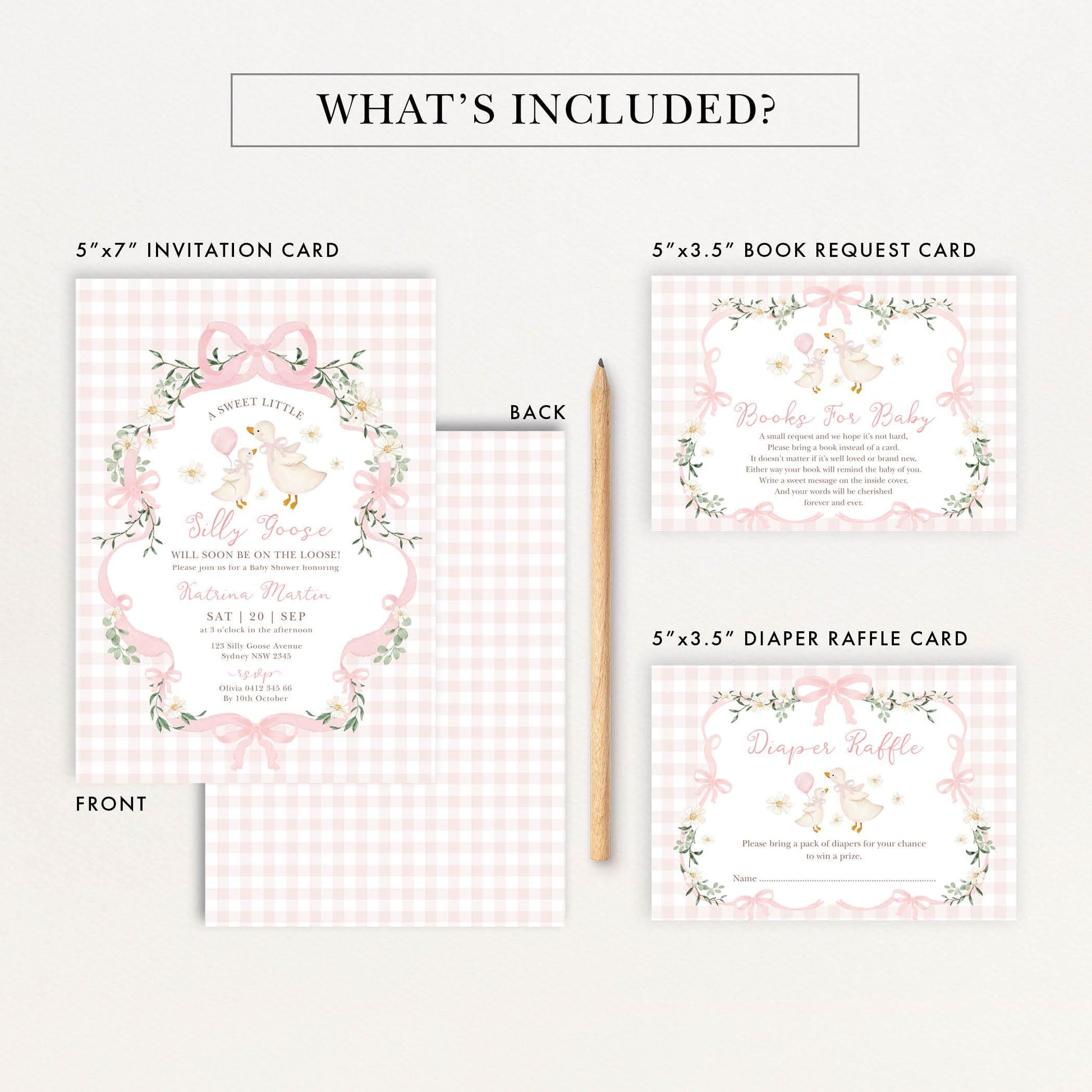 Silly Goose Girl Baby Shower Invitation Bundle | Editable Corjl | Coquette Pink Gingham