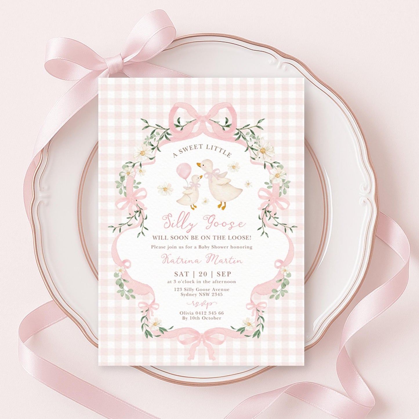 Silly Goose Girl Baby Shower Invitation Bundle | Editable Corjl | Coquette Pink Gingham