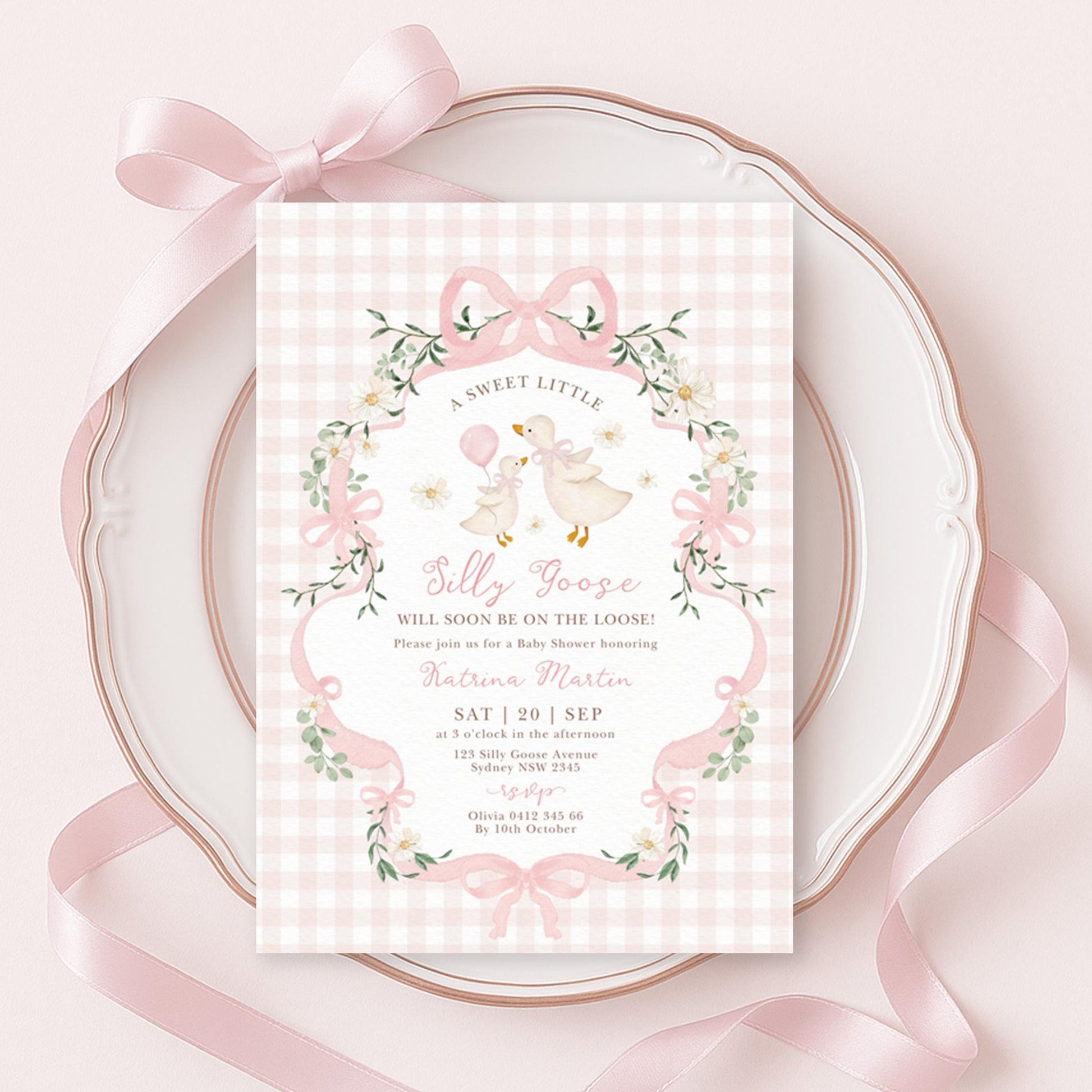 Silly Goose Girl Baby Shower Invitation Bundle | Editable Corjl | Coquette Pink Gingham