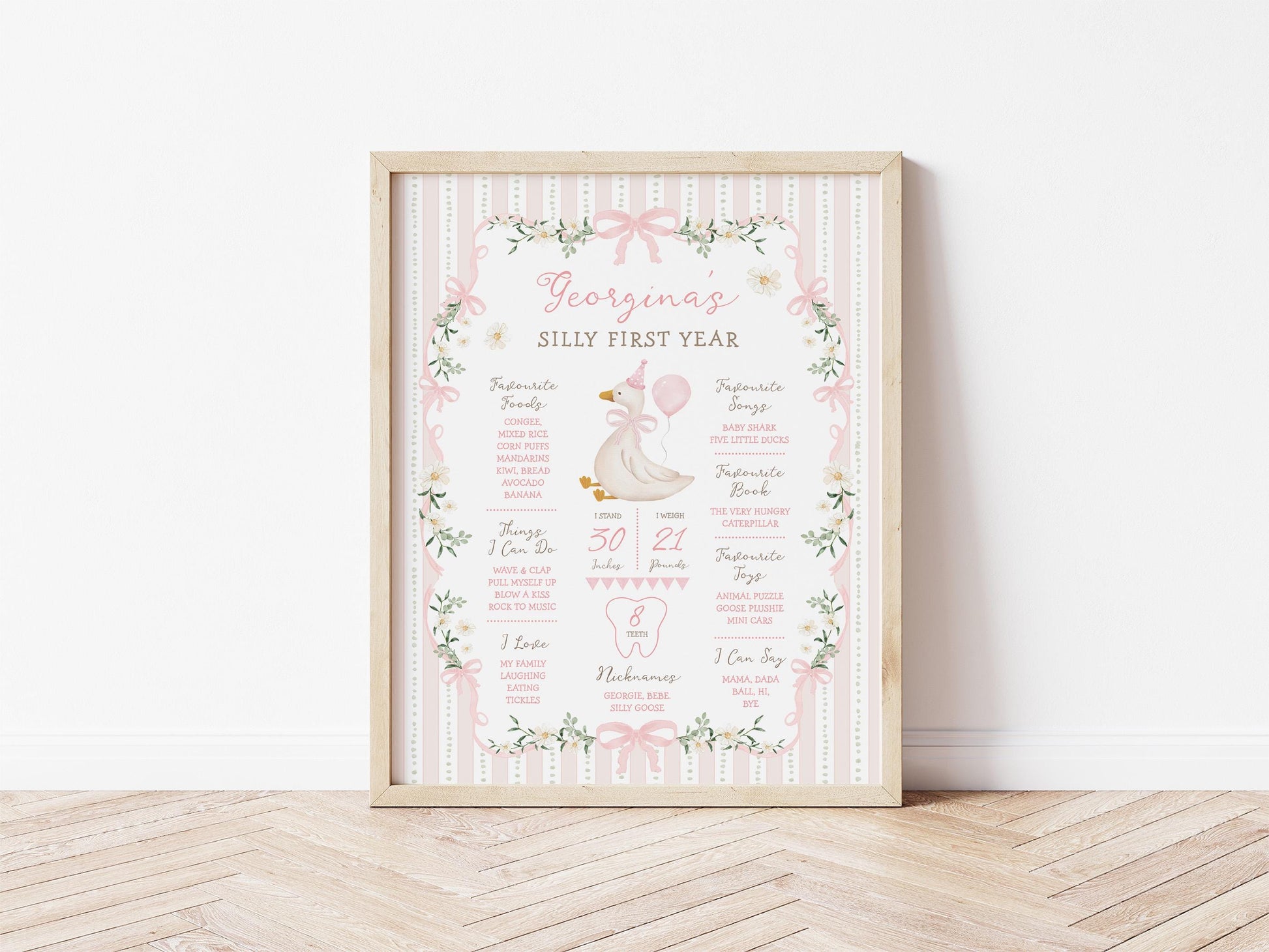 Silly Goose Pink Bow Milestone Board | Editable Corjl Template