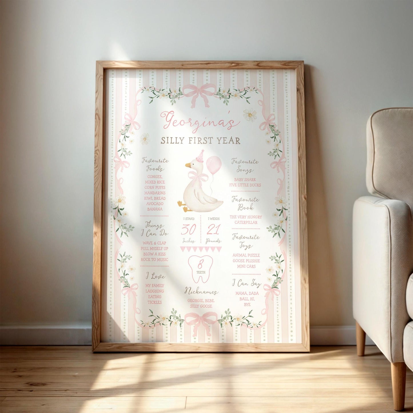 Silly Goose Pink Bow Milestone Board | Editable Corjl Template