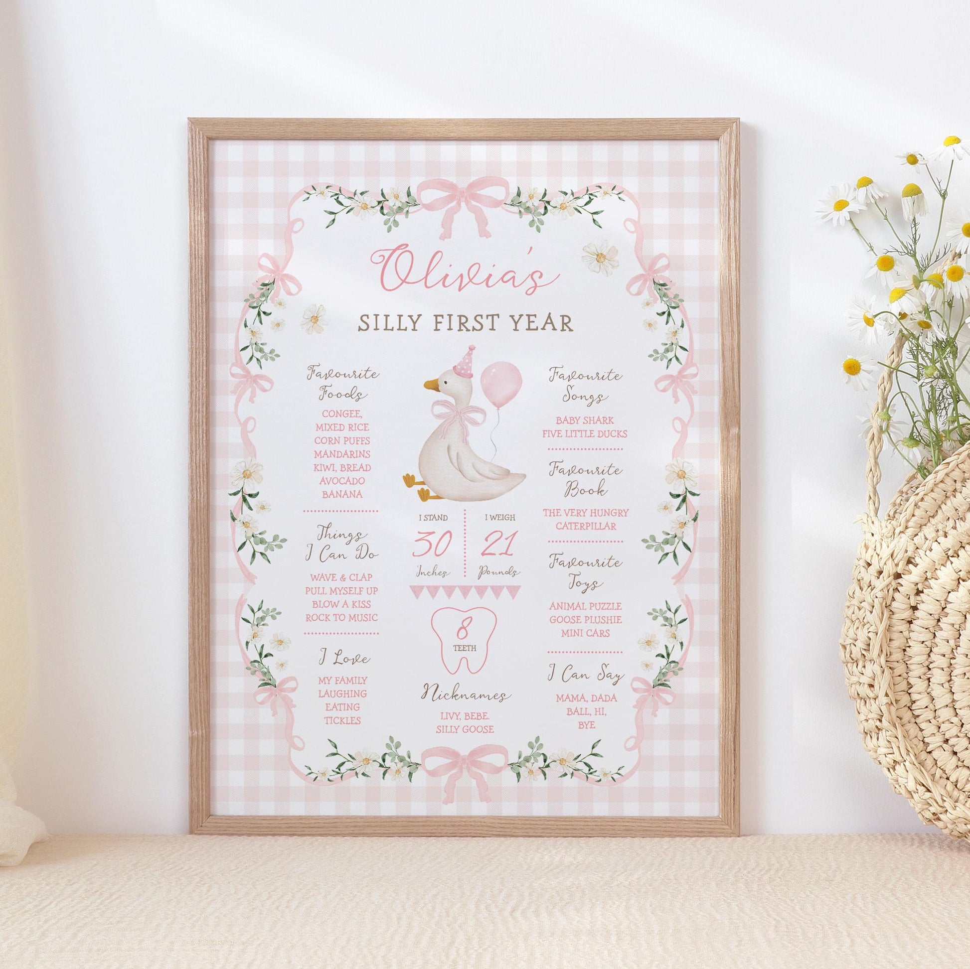 Pink Silly Goose My First Year Milestone Sign | Editable Corjl Template 16x20