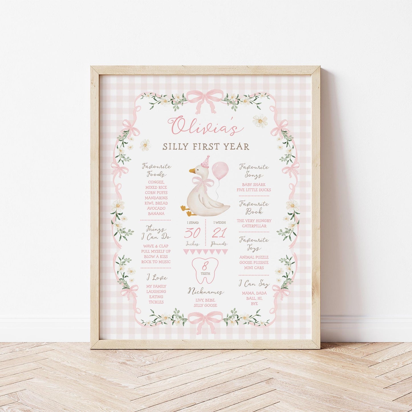 Pink Silly Goose My First Year Milestone Sign | Editable Corjl Template 16x20