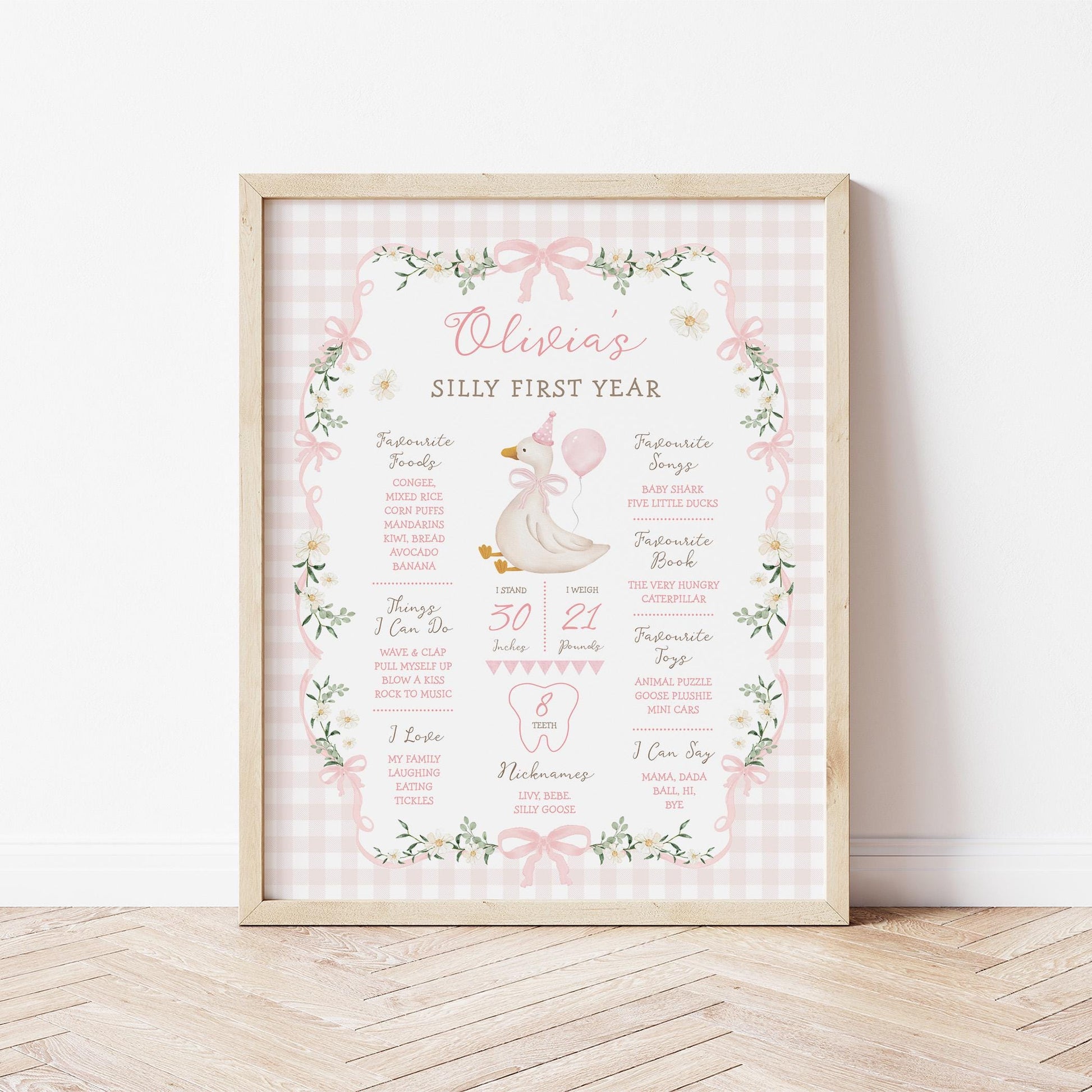 Pink Silly Goose My First Year Milestone Sign | Editable Corjl Template 16x20