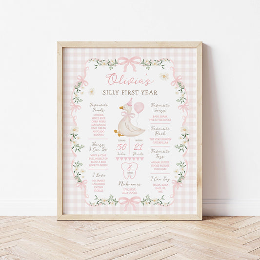 Pink Silly Goose My First Year Milestone Sign | Editable Corjl Template 16x20
