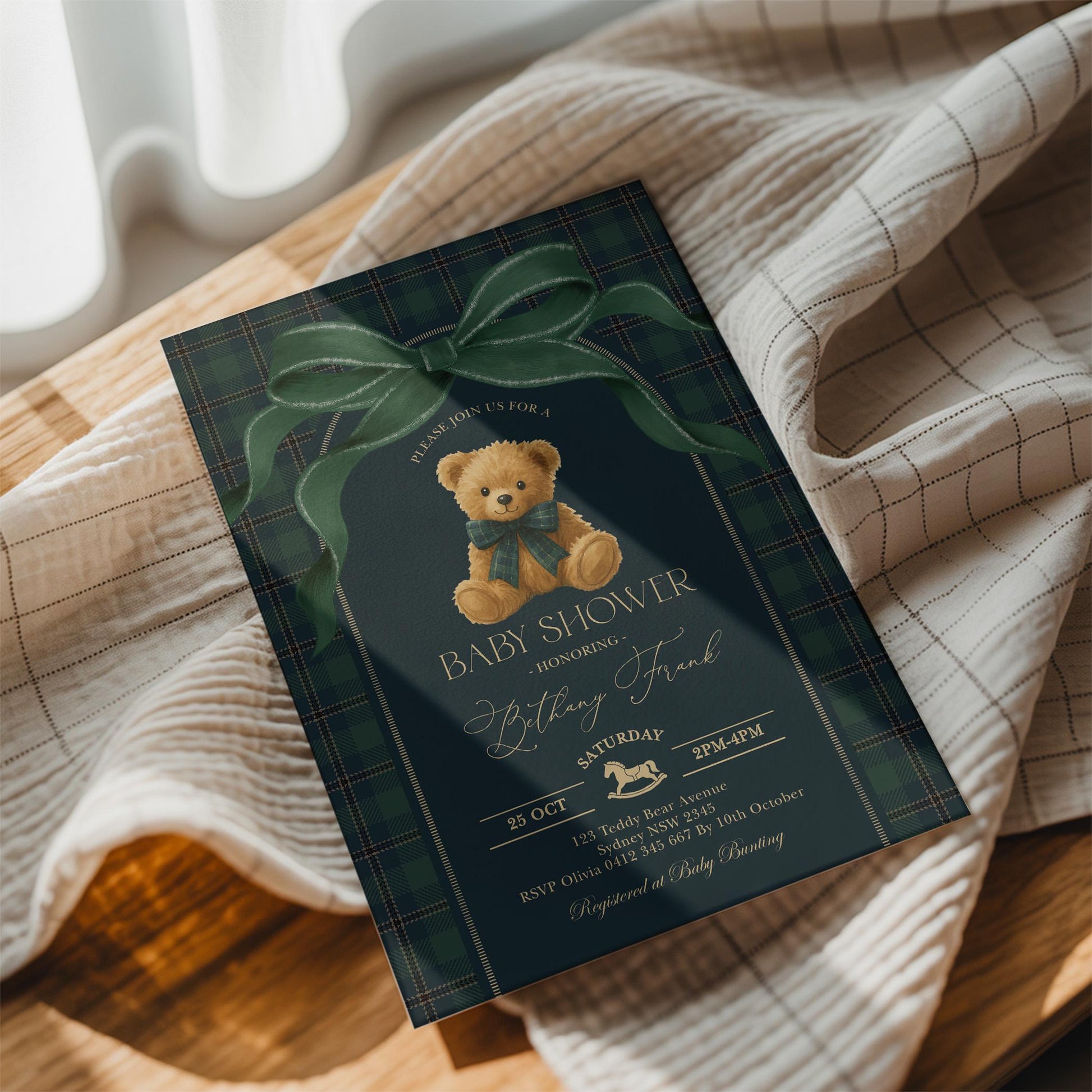 Navy & Forest Green Plaid Teddy Bear Baby Shower Invitation | Editable Corjl | Blue Bunny Printables