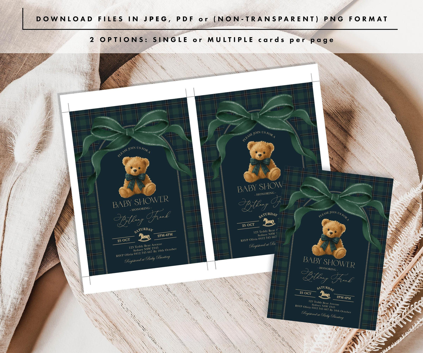 Navy & Forest Green Plaid Teddy Bear Baby Shower Invitation | Editable Corjl | Blue Bunny Printables