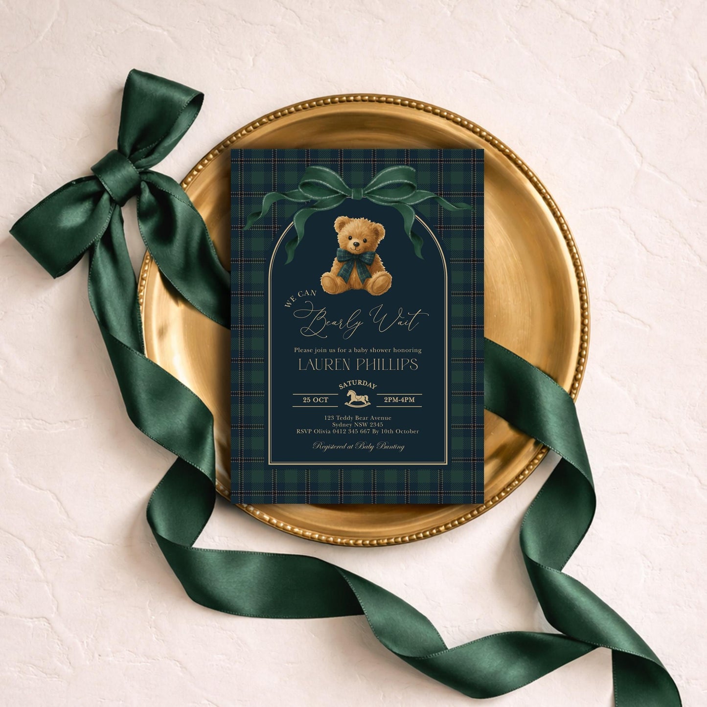 Green Bow Teddy Bear Baby Shower Invitation | Editable CORJL