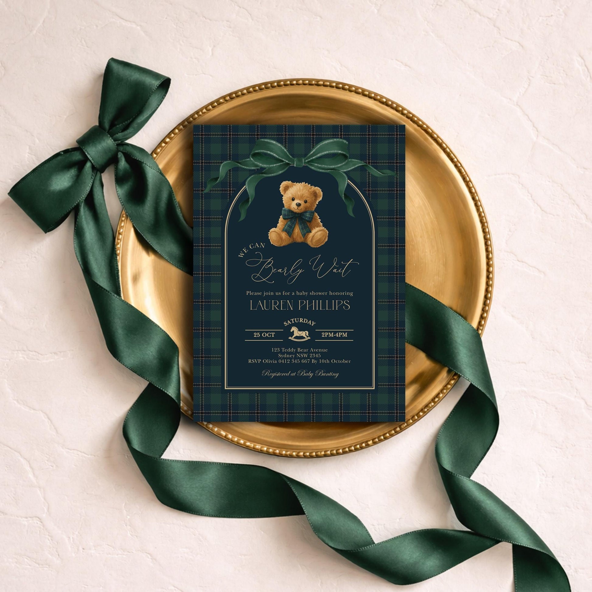 Green Bow Teddy Bear Baby Shower Invitation | Editable CORJL
