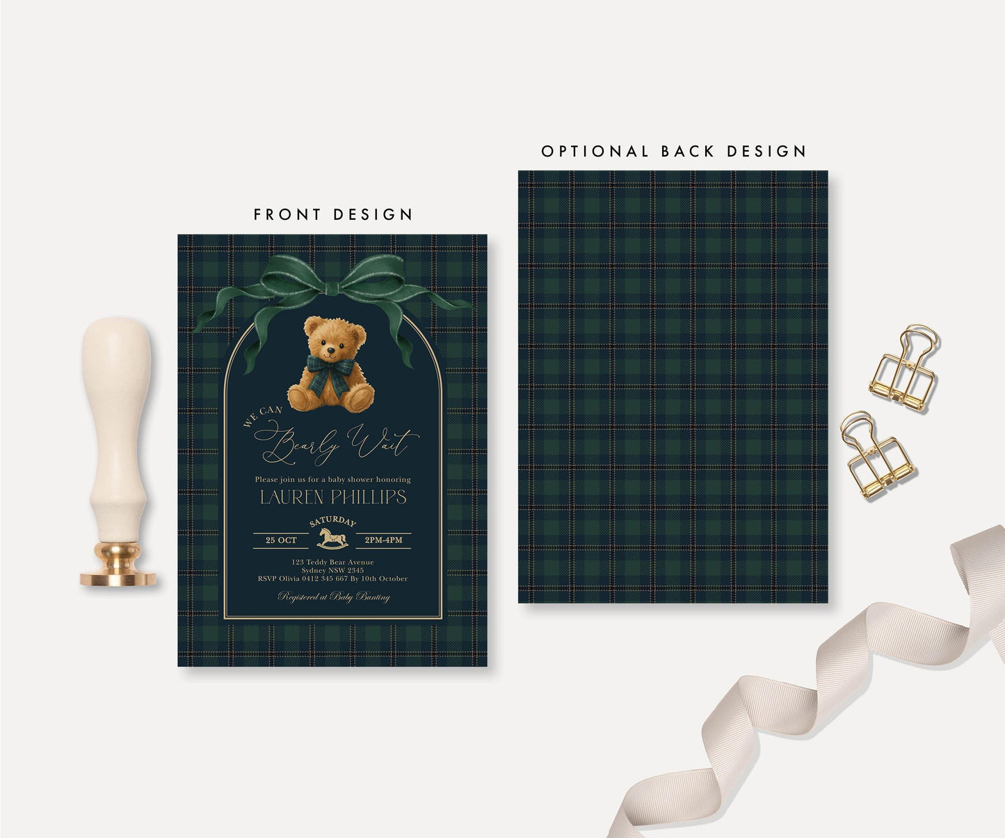 Green Bow Teddy Bear Baby Shower Invitation | Editable CORJL