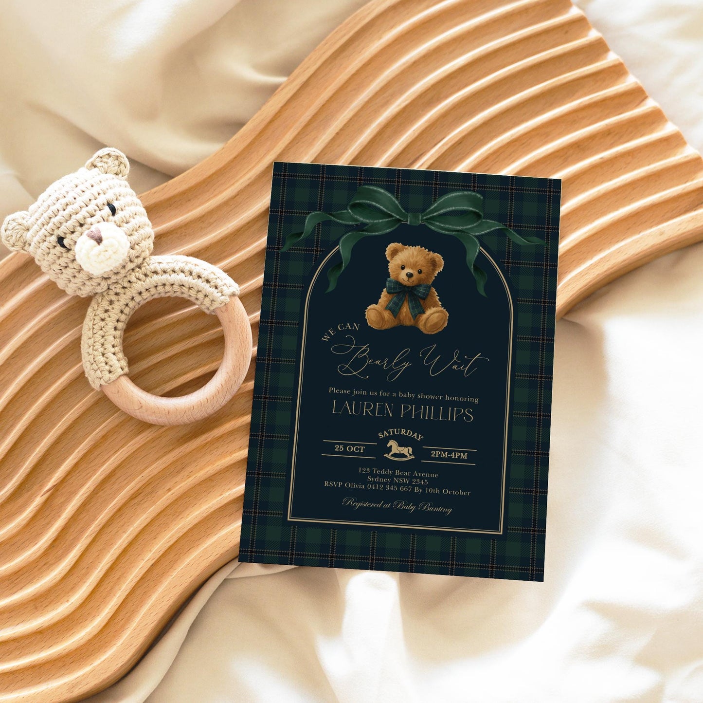 Green Bow Teddy Bear Baby Shower Invitation | Editable CORJL
