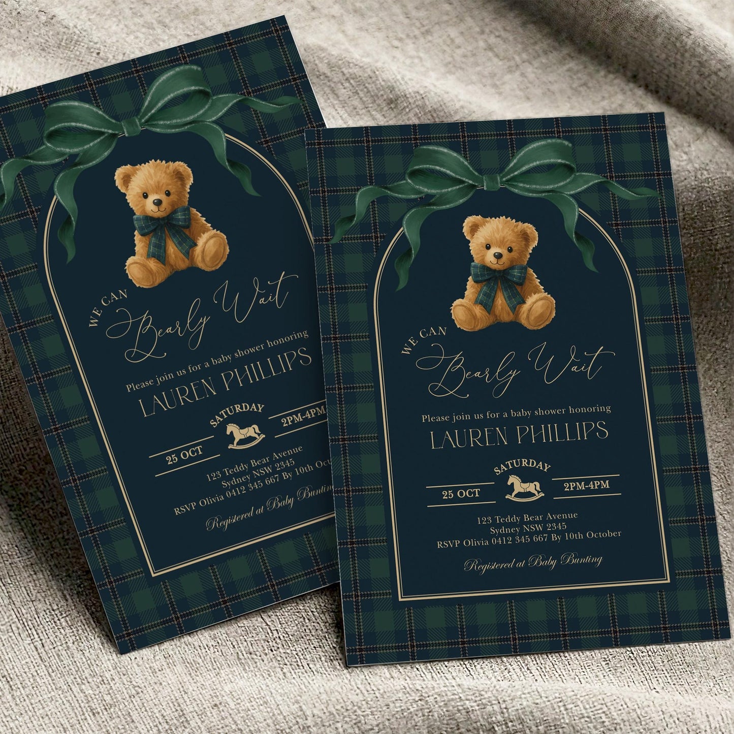 Green Bow Teddy Bear Baby Shower Invitation | Editable CORJL