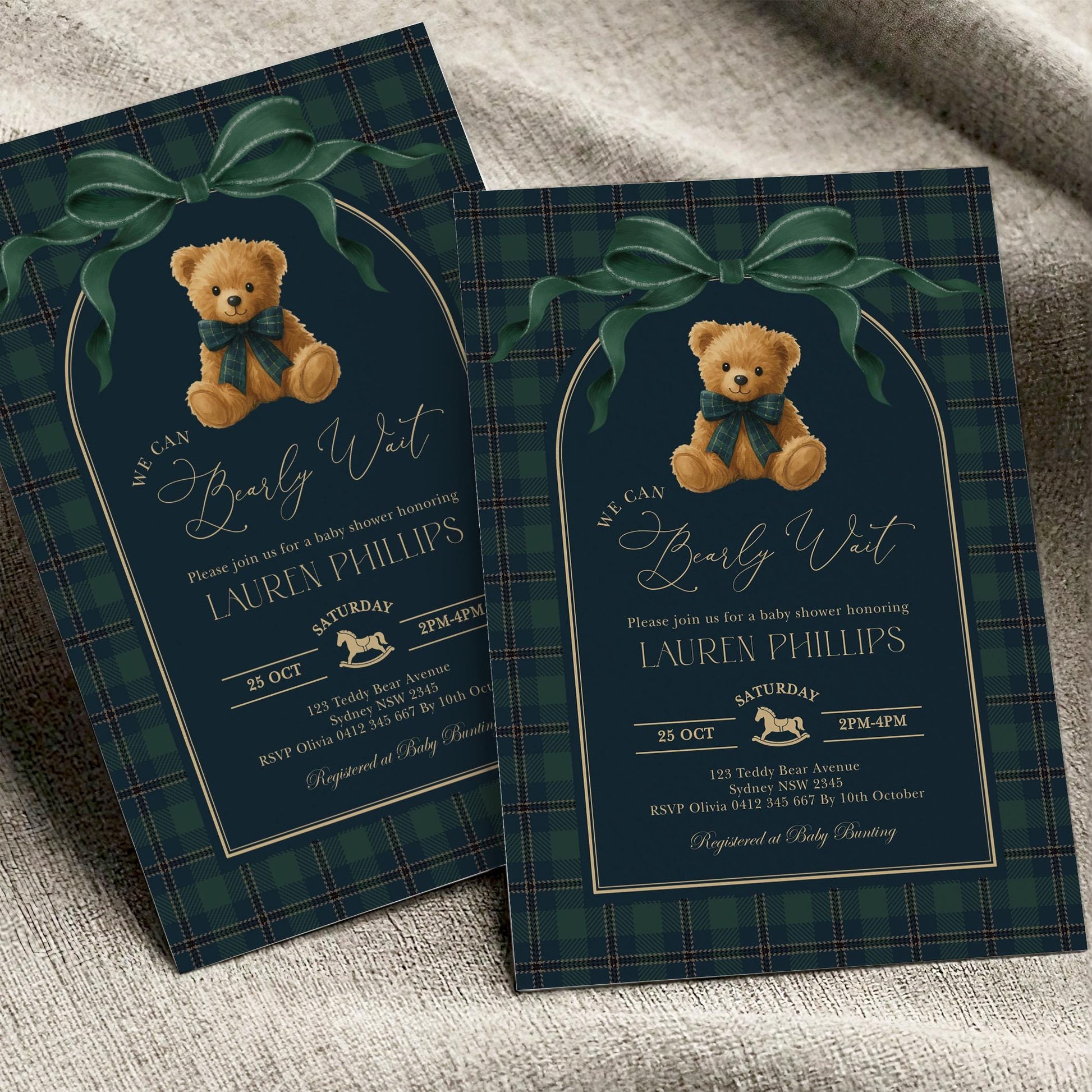 Green Bow Teddy Bear Baby Shower Invitation | Editable CORJL