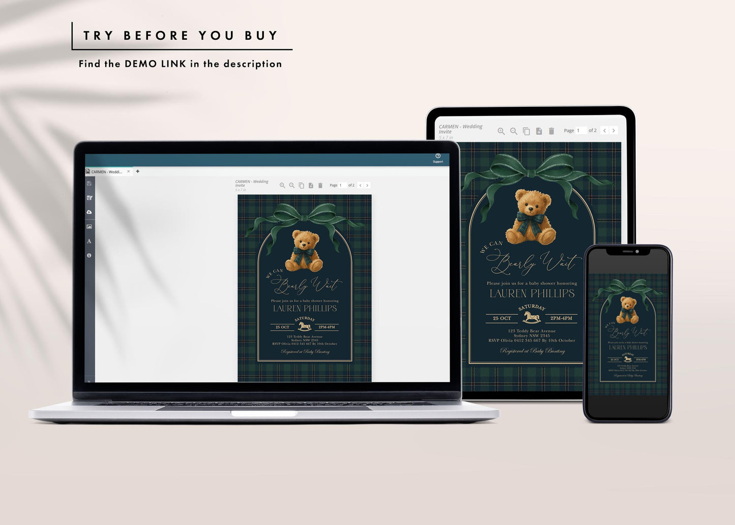 Green Bow Teddy Bear Baby Shower Invitation | Editable CORJL