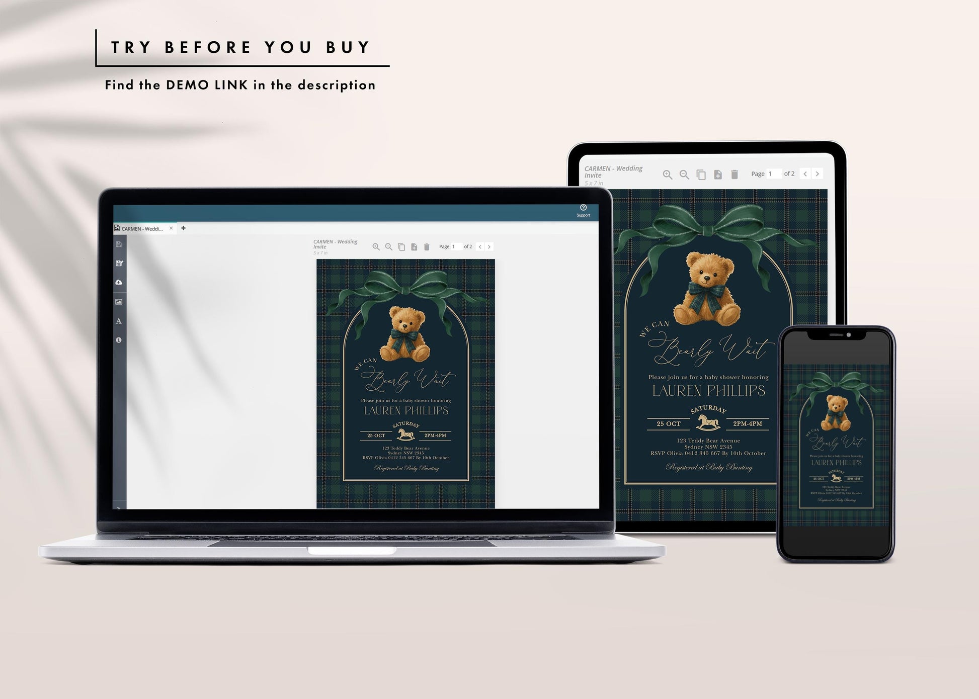 Green Bow Teddy Bear Baby Shower Invitation | Editable CORJL