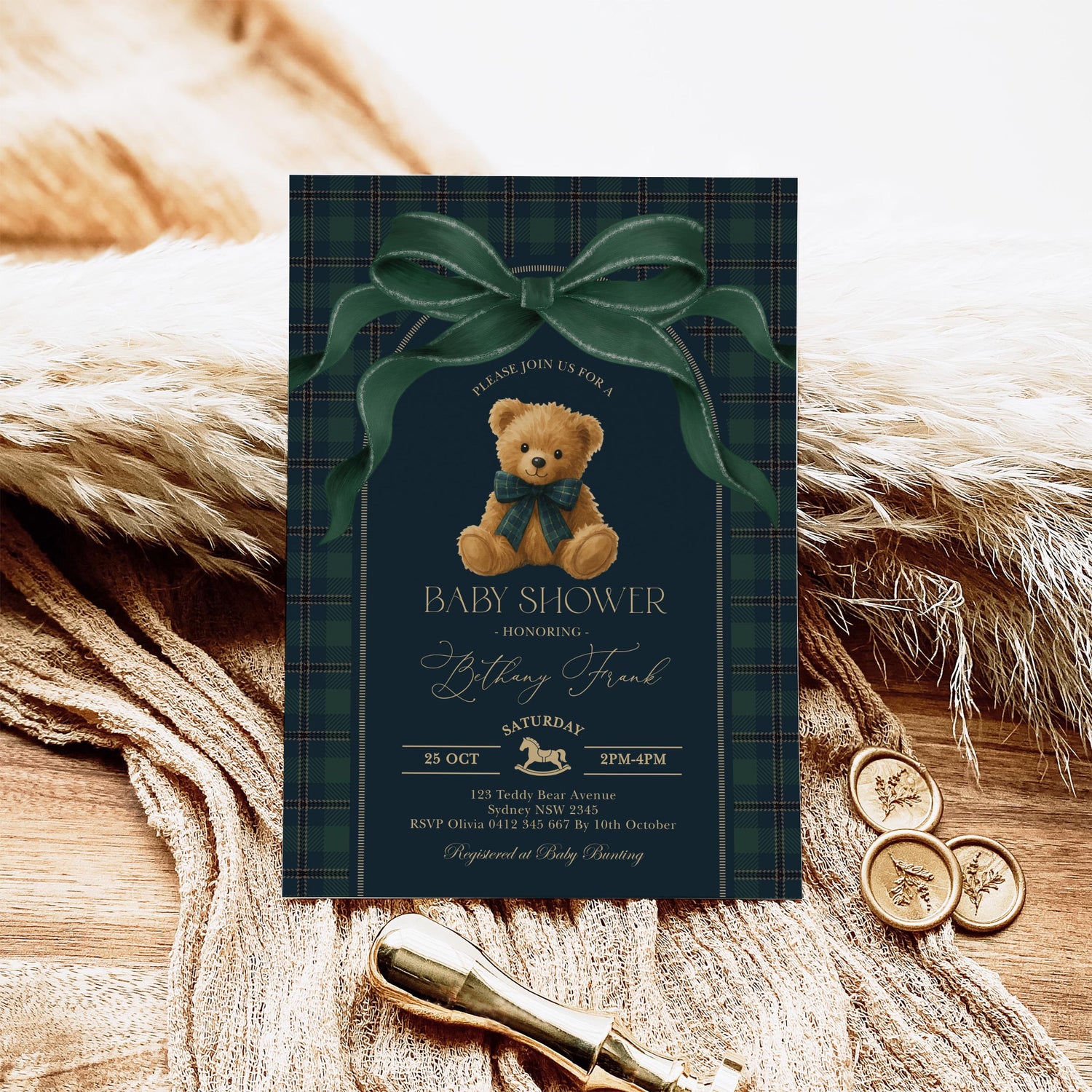 Navy & Forest Green Plaid Teddy Bear Baby Shower Invitation | Editable Corjl | Blue Bunny Printables