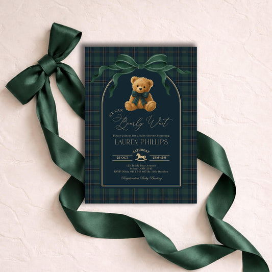Green Bow Teddy Bear Baby Shower Invitation | Editable CORJL