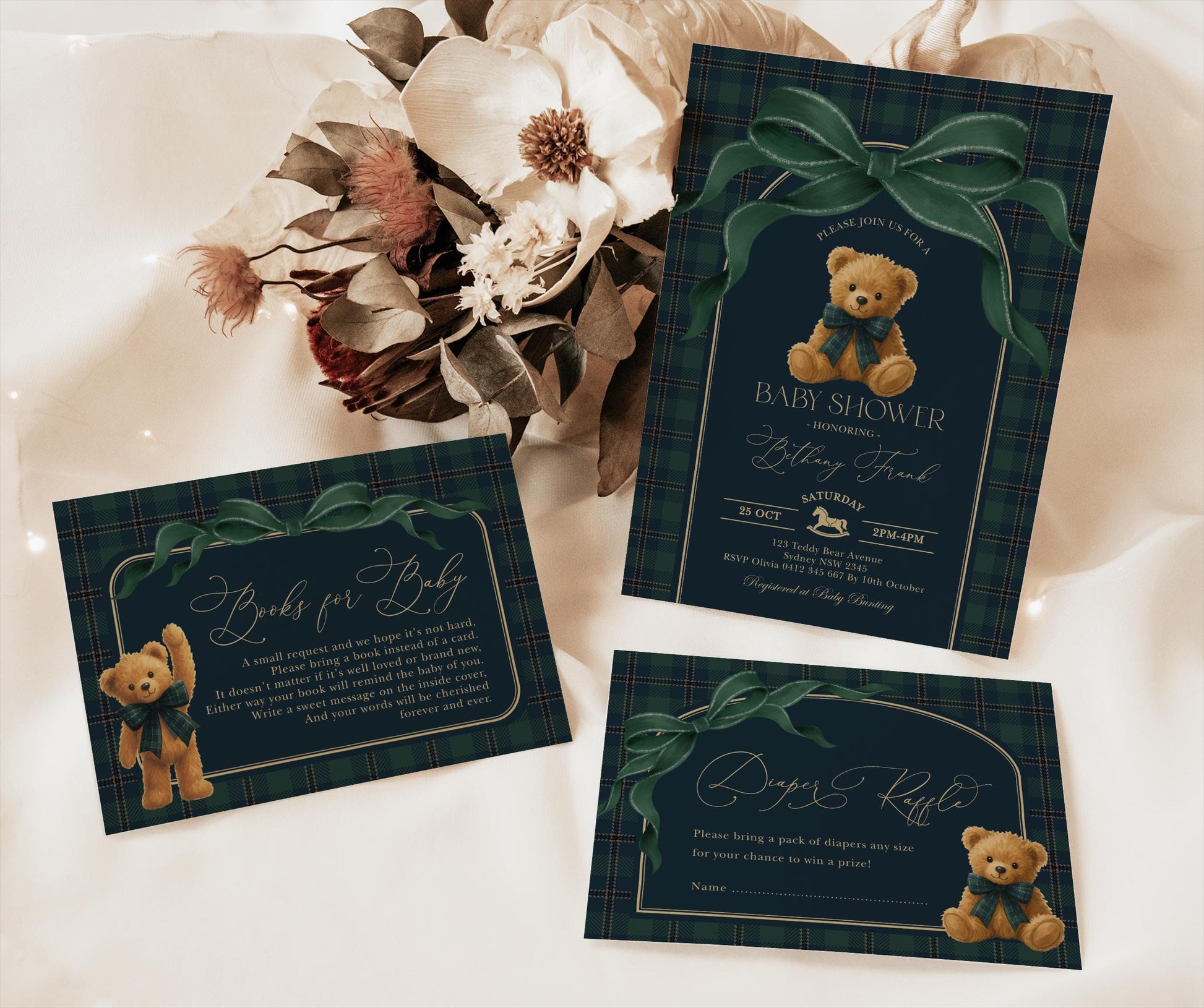 Navy Plaid Teddy Bear Baby Shower Invitation Bundle | Editable Corjl | Blue Bunny Printables
