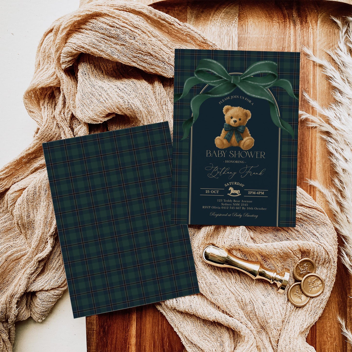 Navy Plaid Teddy Bear Baby Shower Invitation Bundle | Editable Corjl | Blue Bunny Printables