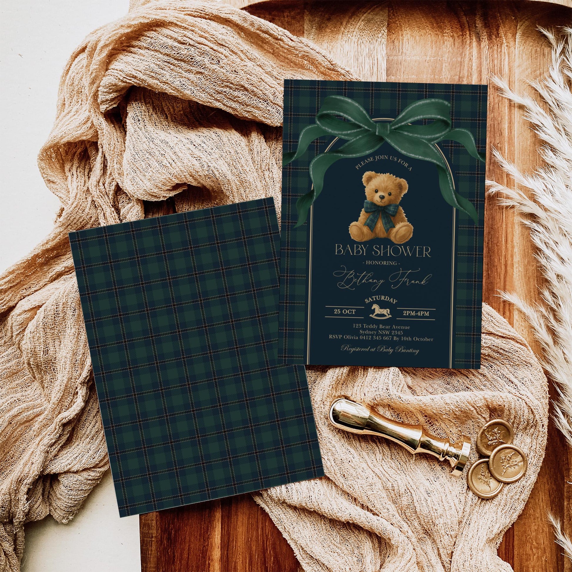 Navy Plaid Teddy Bear Baby Shower Invitation Bundle | Editable Corjl | Blue Bunny Printables