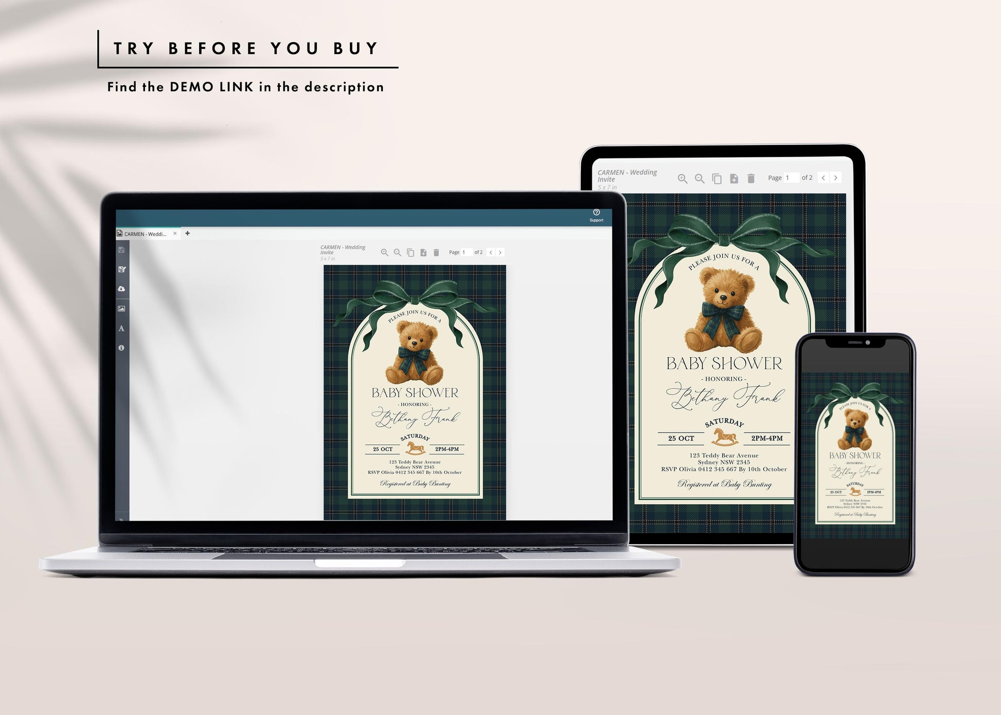 Navy Teddy Bear Baby Shower Invitation | Editable Corjl Template