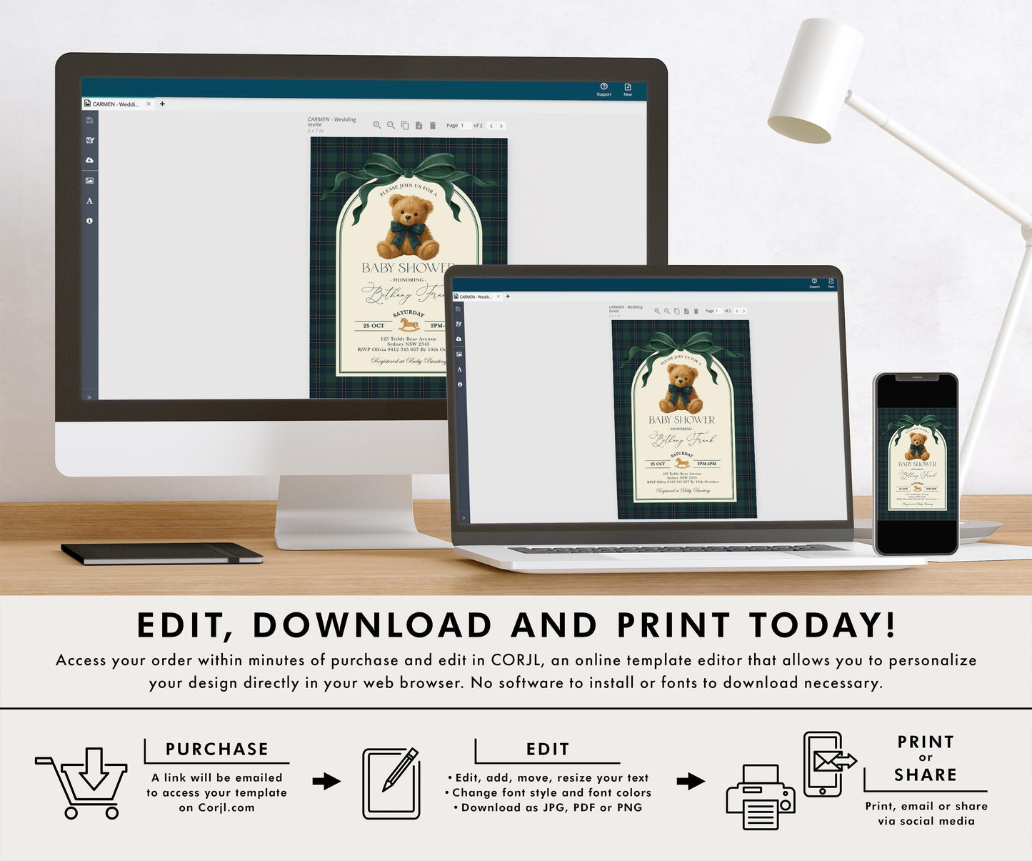 Navy Teddy Bear Baby Shower Invitation | Editable Corjl Template