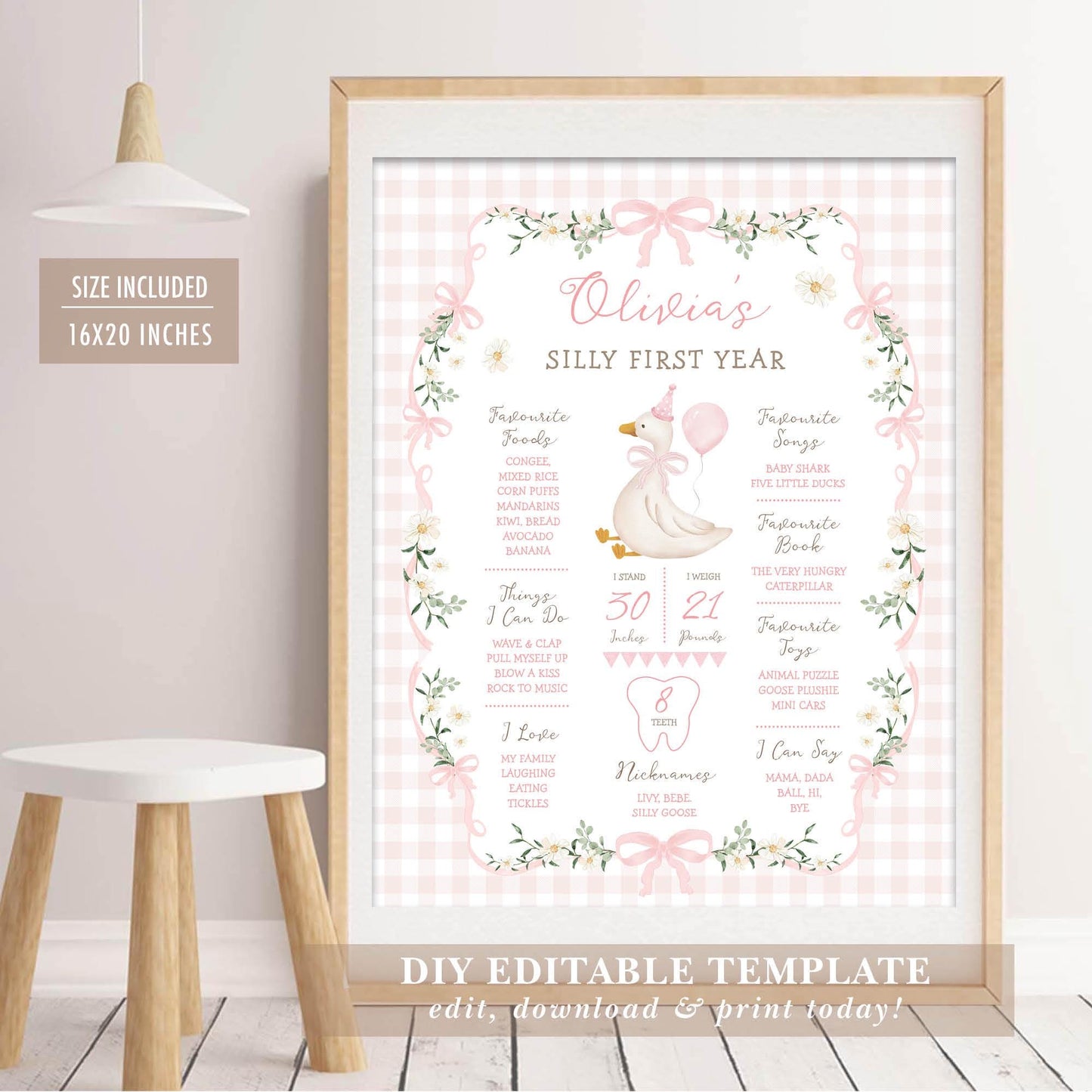 Pink Silly Goose My First Year Milestone Sign | Editable Corjl Template 16x20