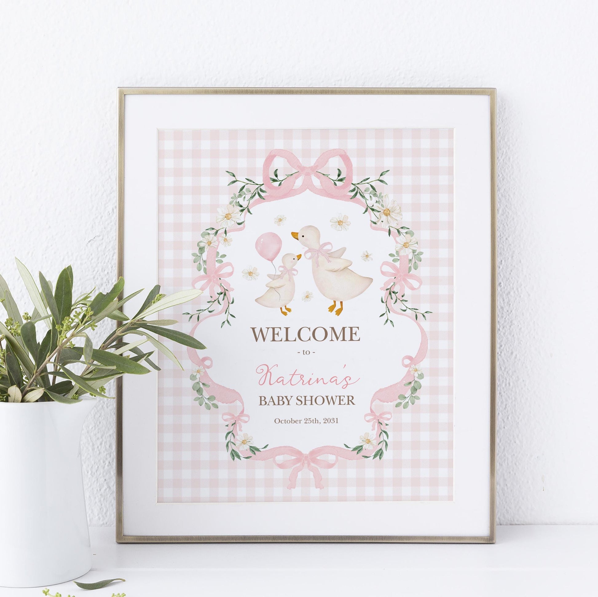 Silly Goose Baby Shower Welcome Sign | Editable Corjl Template | Preppy Pink Gingham