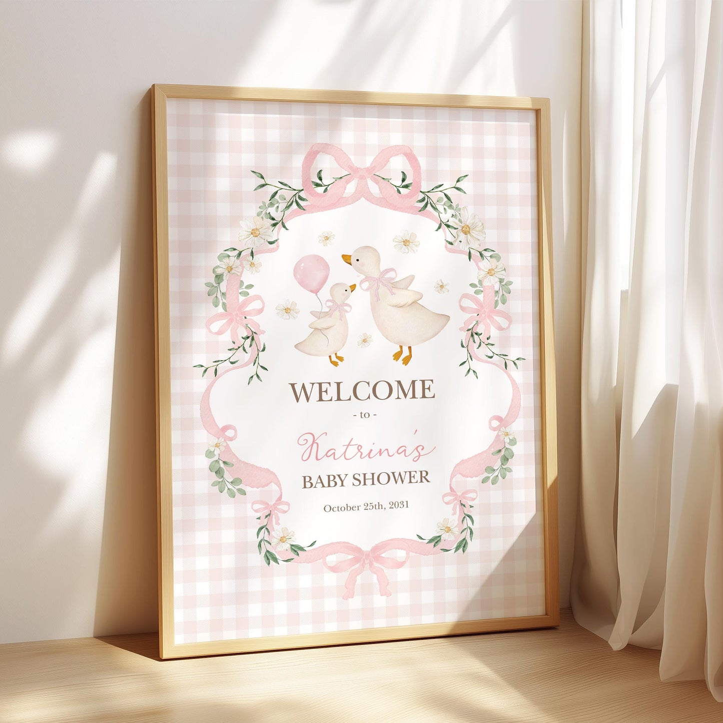 Silly Goose Baby Shower Welcome Sign | Editable Corjl Template | Preppy Pink Gingham