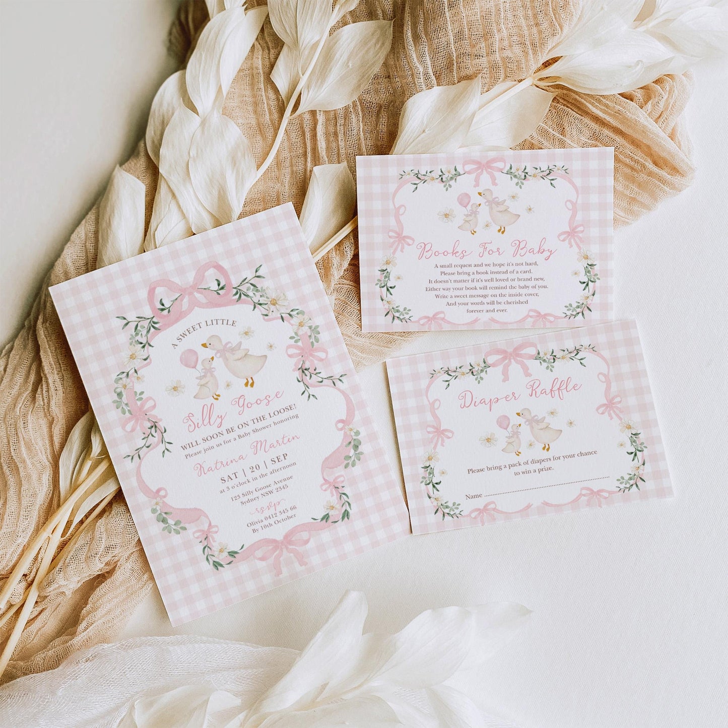 Silly Goose Girl Baby Shower Invitation Bundle | Editable Corjl | Coquette Pink Gingham