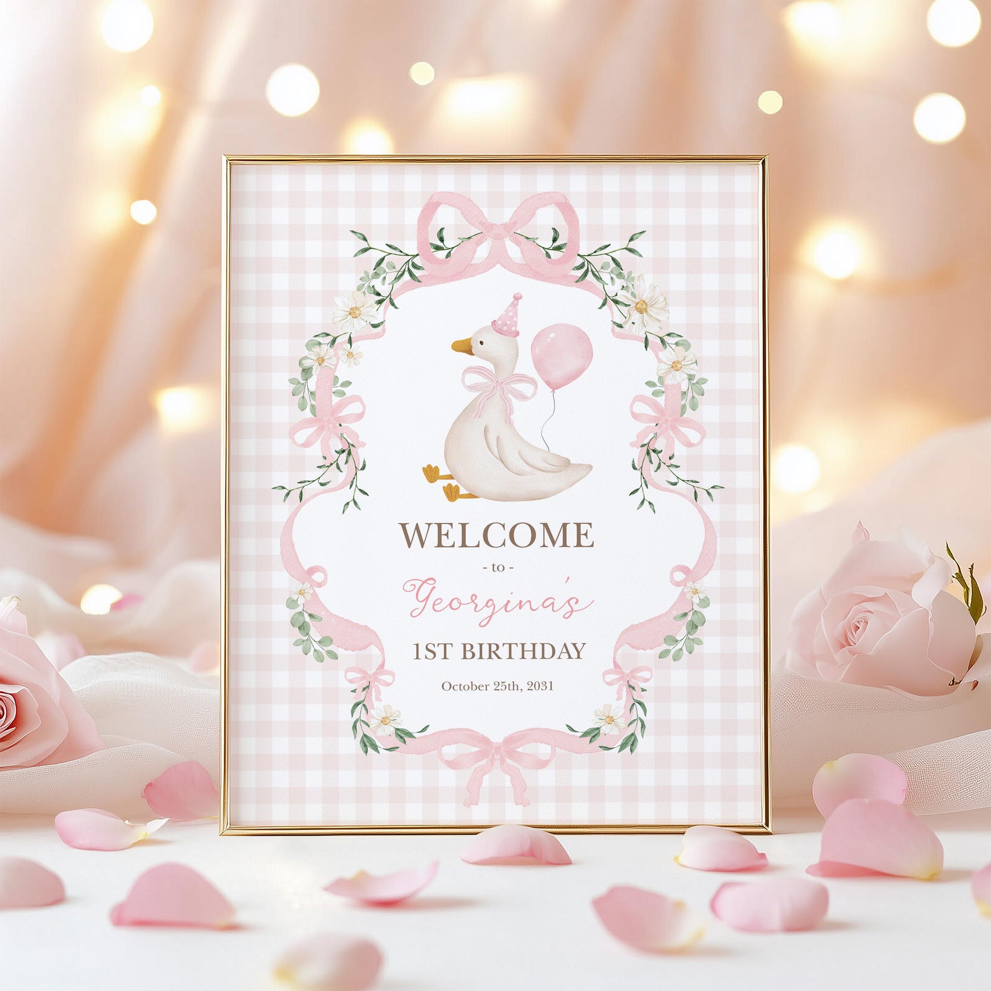 One Silly Goose First Birthday Welcome Sign | Coquette Pink Bow | Editable Corjl Template