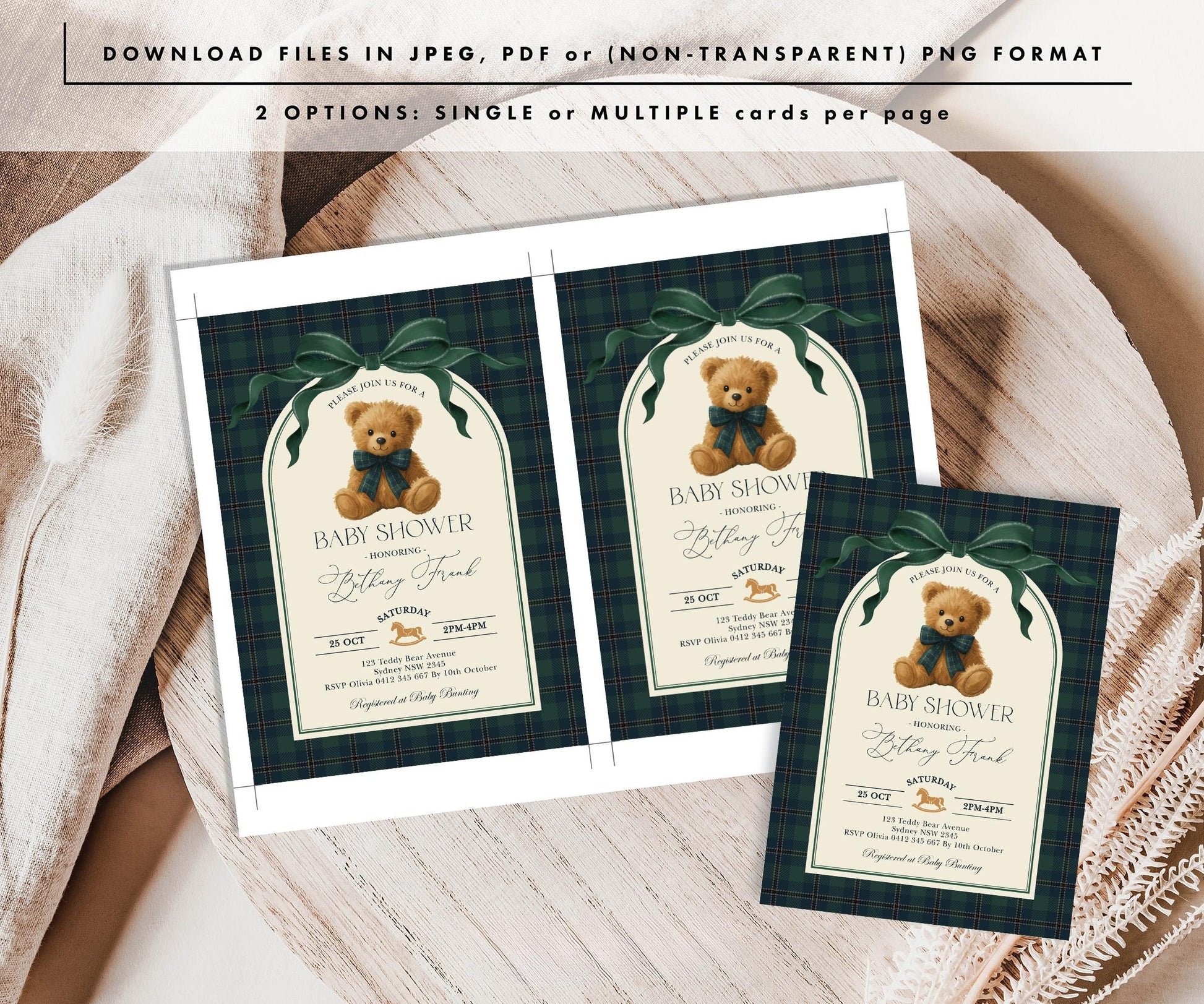 Navy Teddy Bear Baby Shower Invitation | Editable Corjl Template
