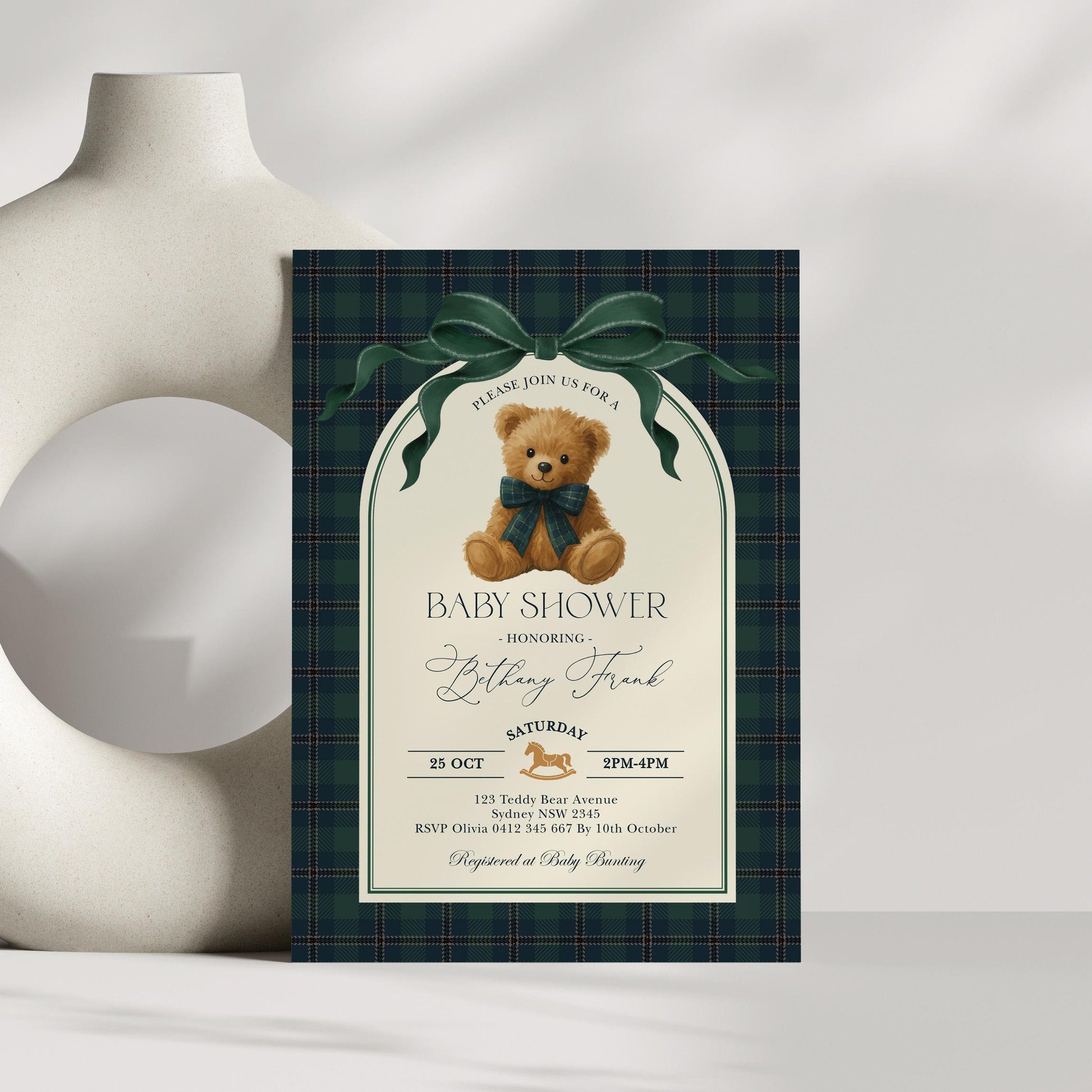 Navy Teddy Bear Baby Shower Invitation | Editable Corjl Template