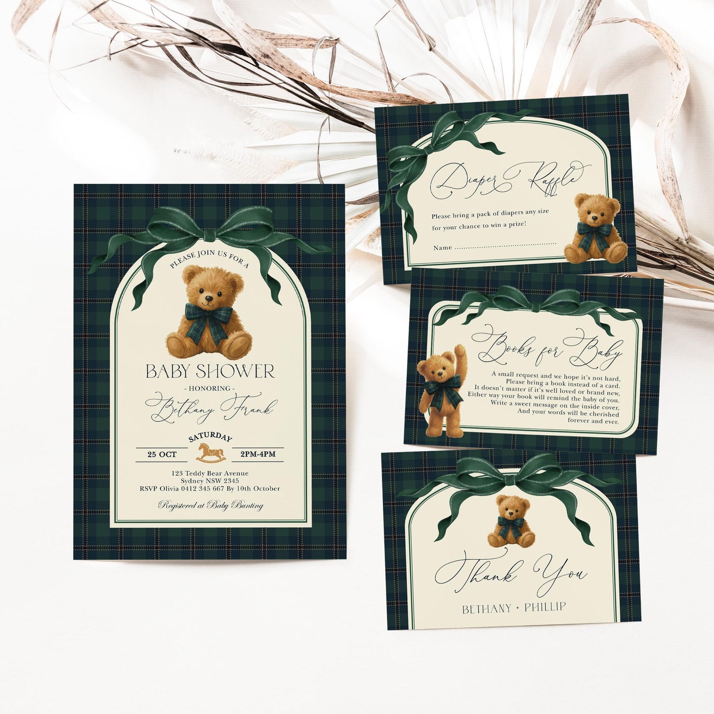 Luxury Polo Teddy Bear Baby Shower Invitation Bundle | Editable Corjl | Navy Plaid