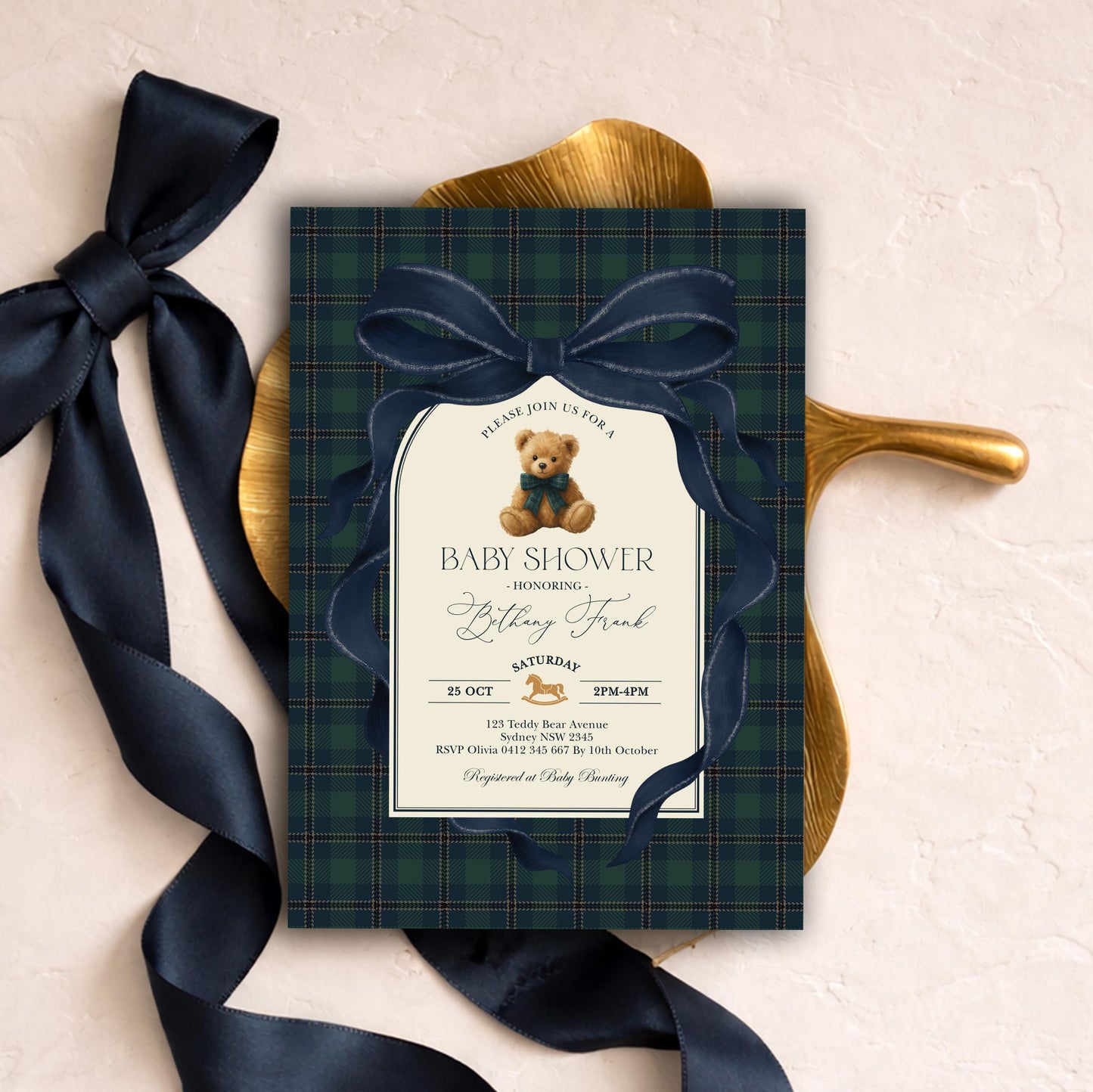 Navy Teddy Bear Baby Shower Invitation | Editable Corjl Template