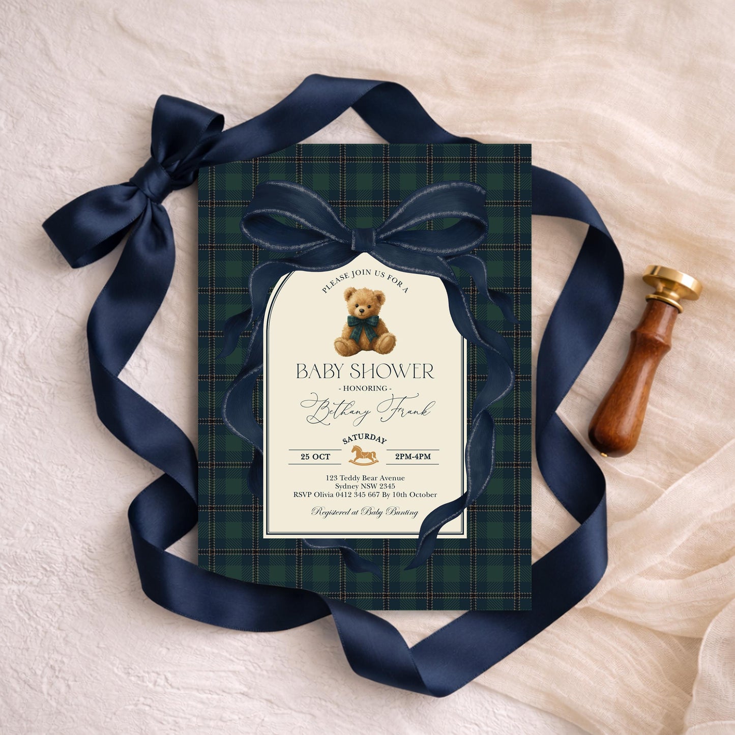 Navy Teddy Bear Baby Shower Invitation | Editable Corjl Template