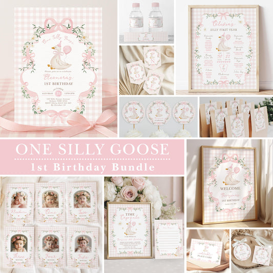 One Silly Goose Pink Gingham Birthday Bundle | Editable Corjl Templates