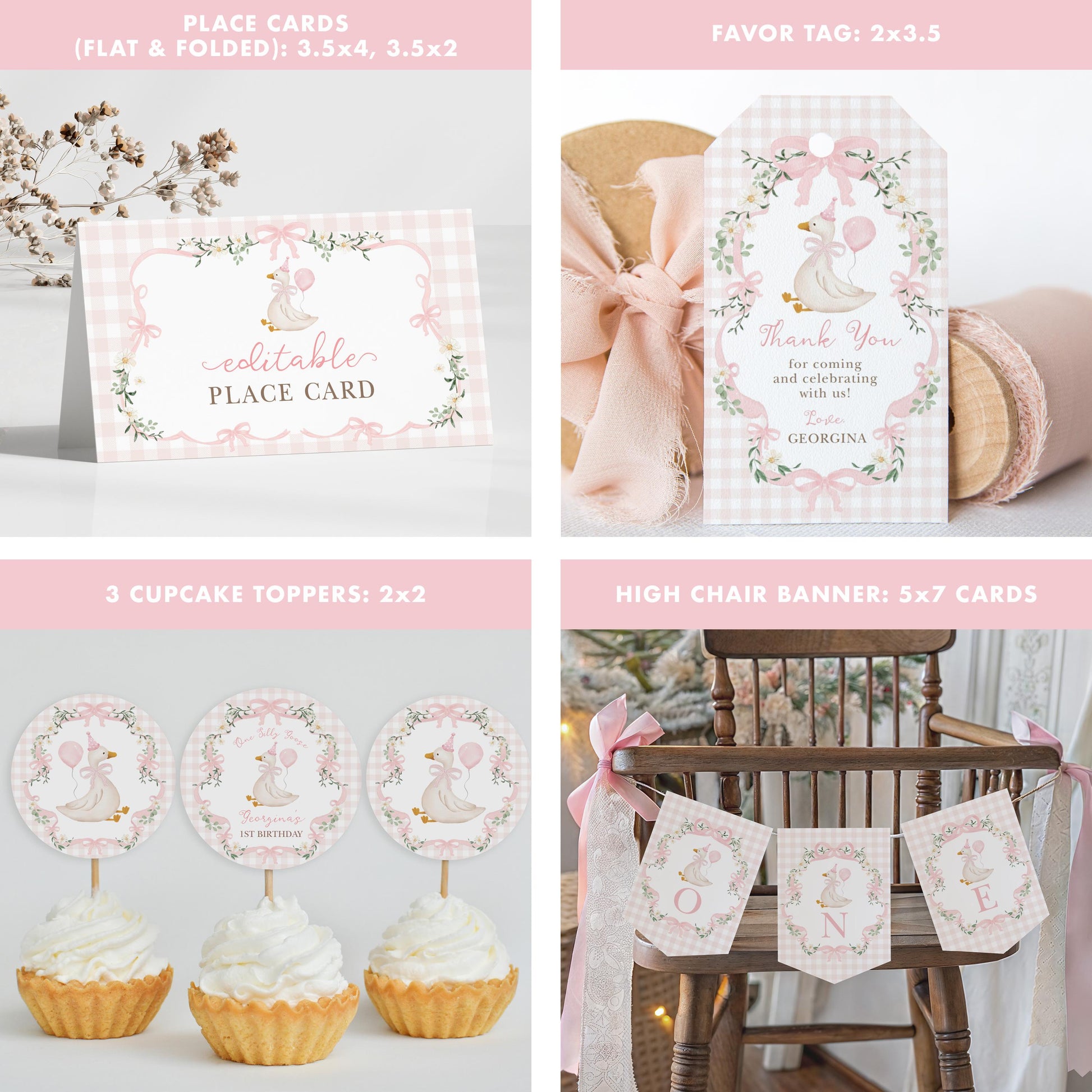 One Silly Goose Pink Gingham Birthday Bundle | Editable Corjl Templates