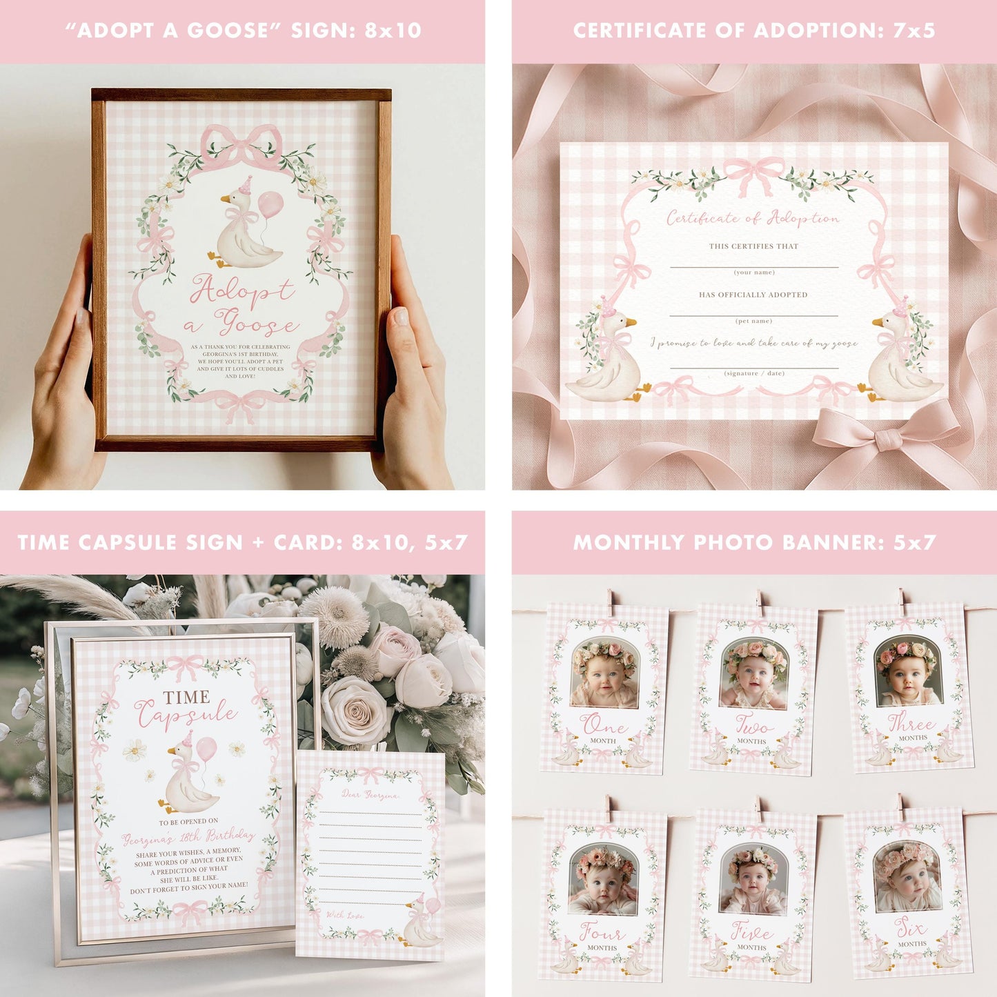 One Silly Goose Pink Gingham Birthday Bundle | Editable Corjl Templates